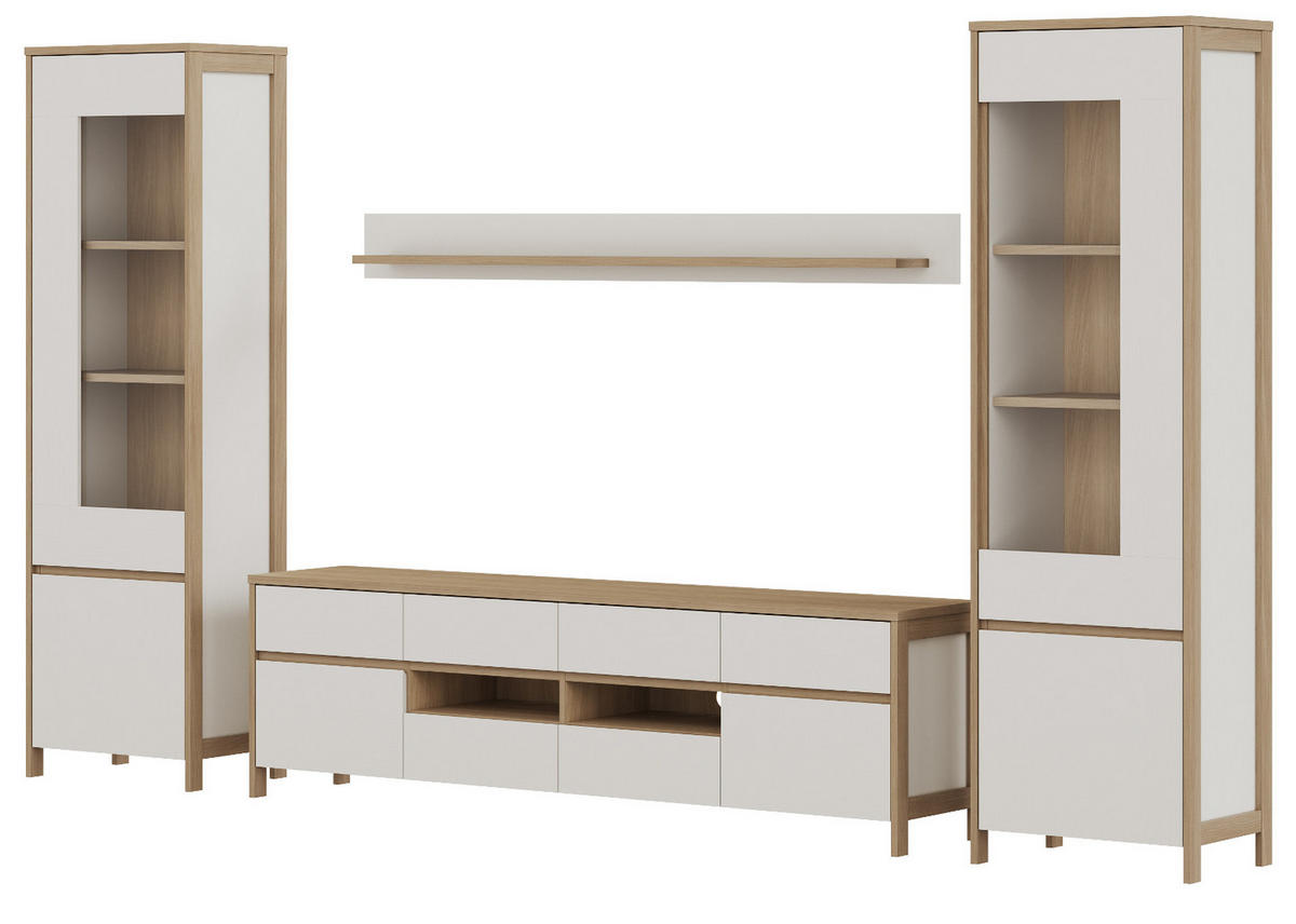 WOHNWAND weiß, Eiche 4-teilig 339 cm, Wohnkombination skandinavisch mit Soft-Close, Finnes - Eichefarben/Weiß, Glas/Holzwerkstoff (339/195/39cm) - Furn.Design