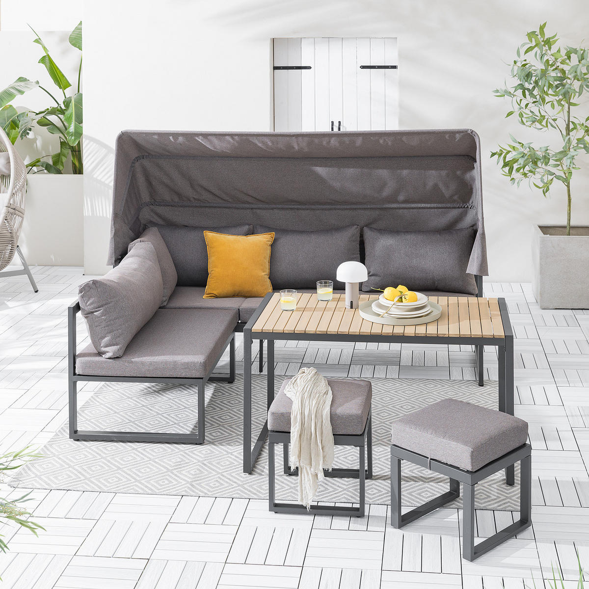 LOUNGESET - Stahl / Polyester - Grau - 5-teilig - Braun/Grau, Holz/Textil - home24