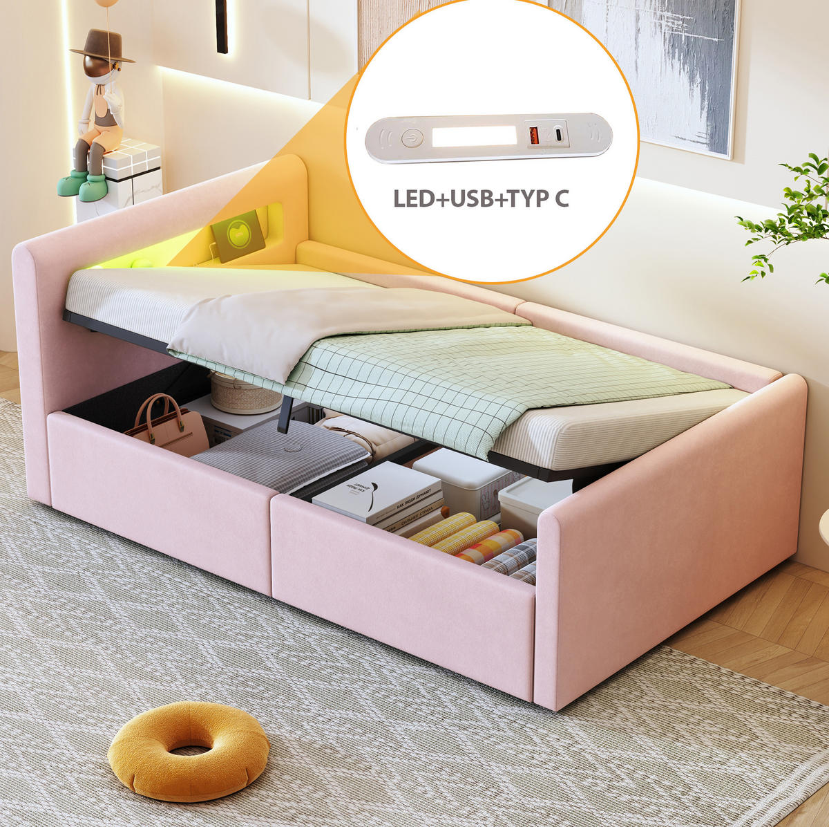 POLSTERBETT Kinderbett 90/200 cm mit LED, Nachtlicht, USB und hydraulischem Stauraum, Samt Rosa - Rosa, Textil (90/200cm) - Redom