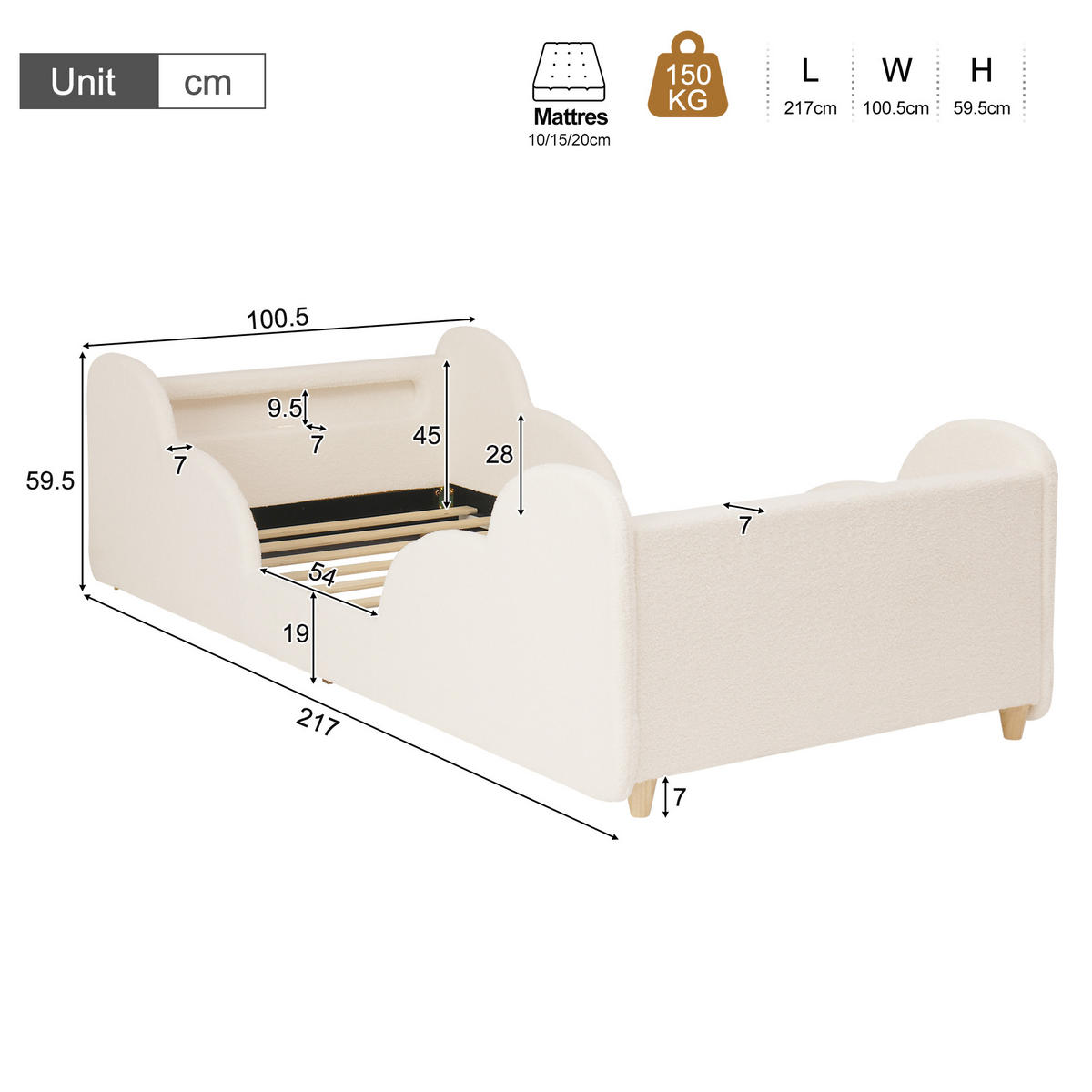 KINDERBETT Beige Bouclé 90x200 Schutzgeländer Massivholz - Beige, Leder (90/200cm) - FLIEKS