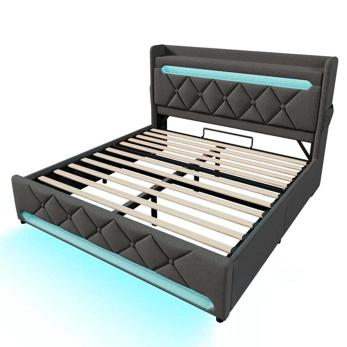 POLSTERBETT mit LED, USB und Stauraum 140x200 cm Leinen Grau - Grau, Metall (140/200cm) - Meubliv