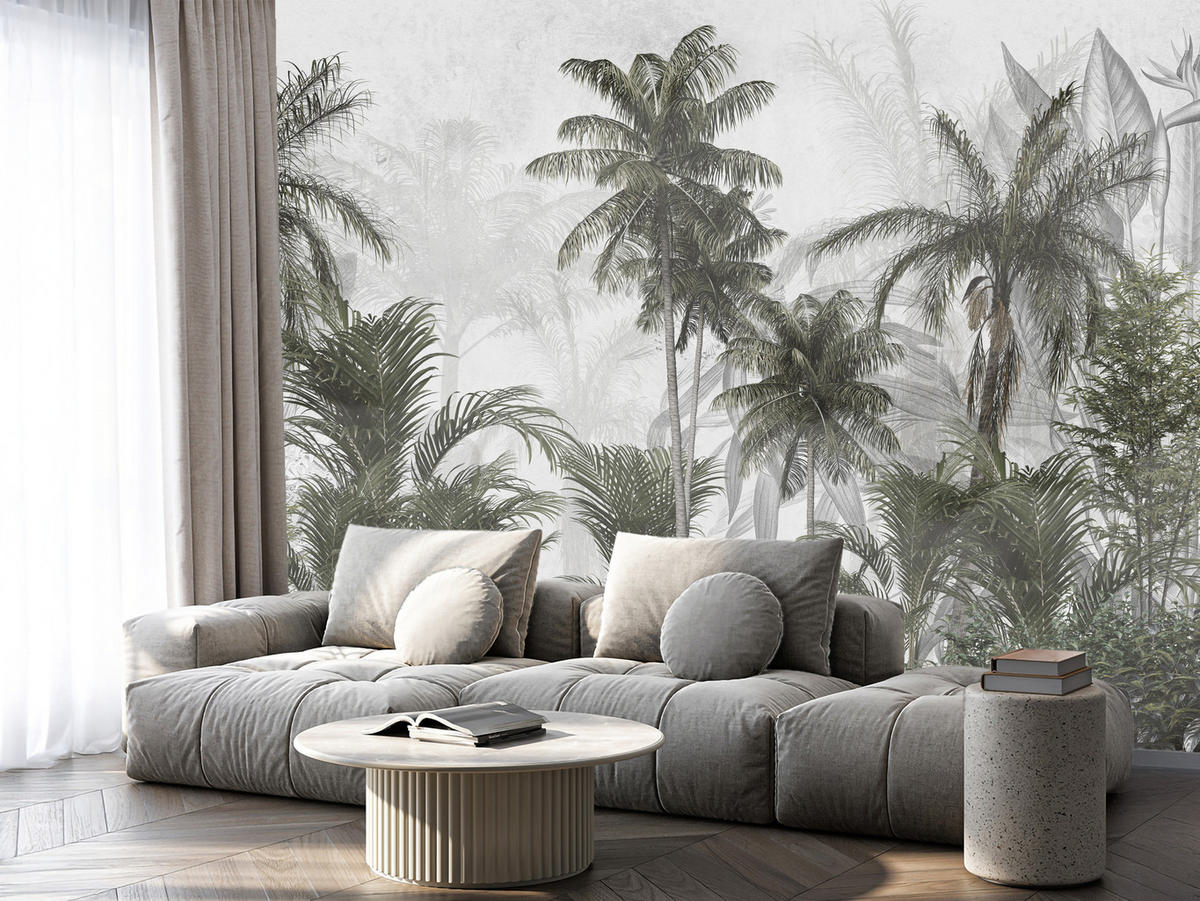 FOTOTAPETE für Wohnzimmer Natur Hohe Palmen Bäume Tropisch 500x350 - Grau/Grün, Papier (500/350cm) - Muralo