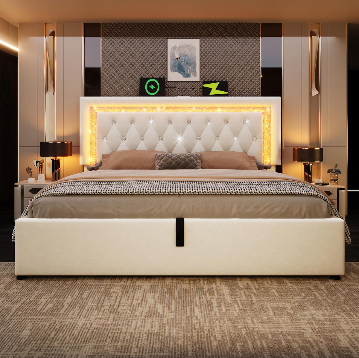 BETT mit LED und Stauraum 140x200 cm Samt Beige inkl. Matratze - Beige, Metall (140/200cm) - Meubliv
