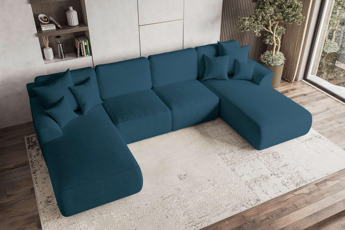 WOHNLANDSCHAFT GUSTO Cordstoff Blau inkl. Schlaffunktion - Blau/Chromfarben, Kunststoff/Textil (306/96/194cm) - 99rooms