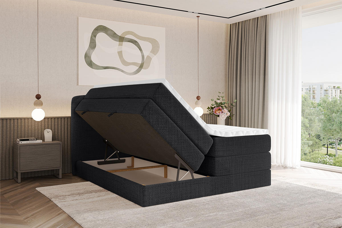 BOXBETT mit Matratze H3|H4 - NINA KING - 160x200 cm - Schwarz - Schwarz, Holzwerkstoff (160/200cm) - ALTDECOR