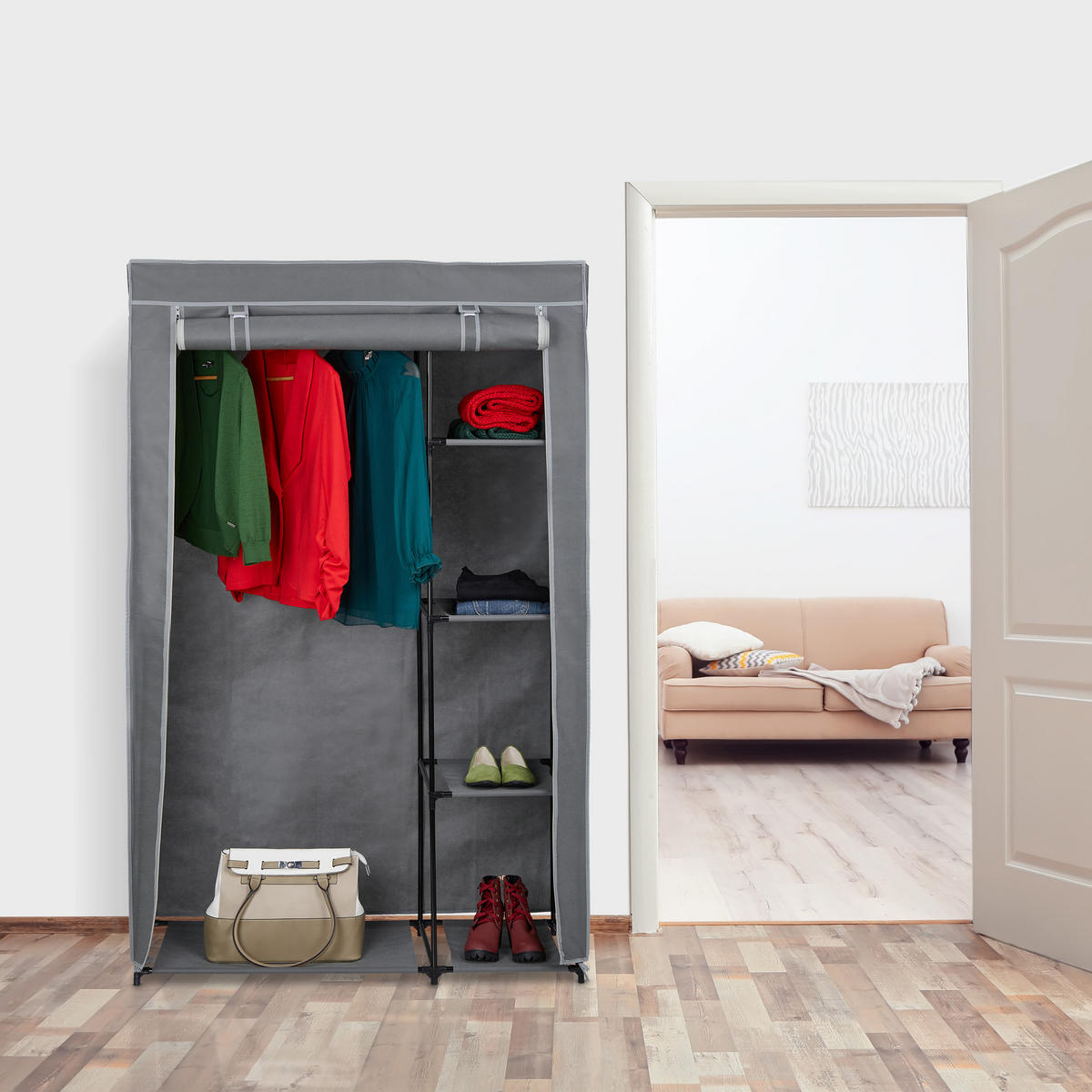 STOFFSCHRANK - Grau, Kunststoff/Textil (105.5/161/45cm) - Relaxdays