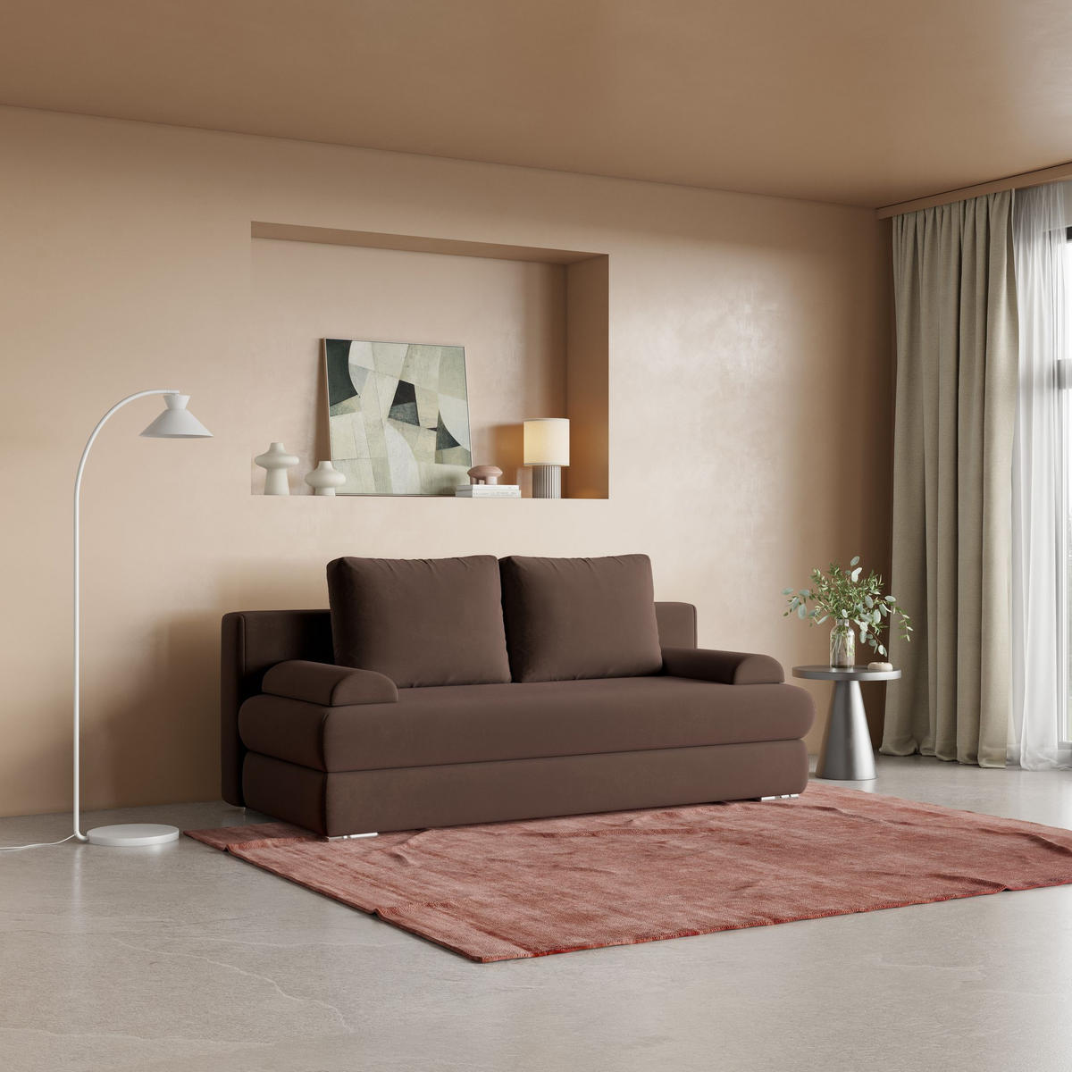 POHOVKA ASPERO, Plyšová látka KRONOS, Hnědá - stříbrná/hnědá, kompozitní dřevo/textil (200/75/95cm) - MASSENO