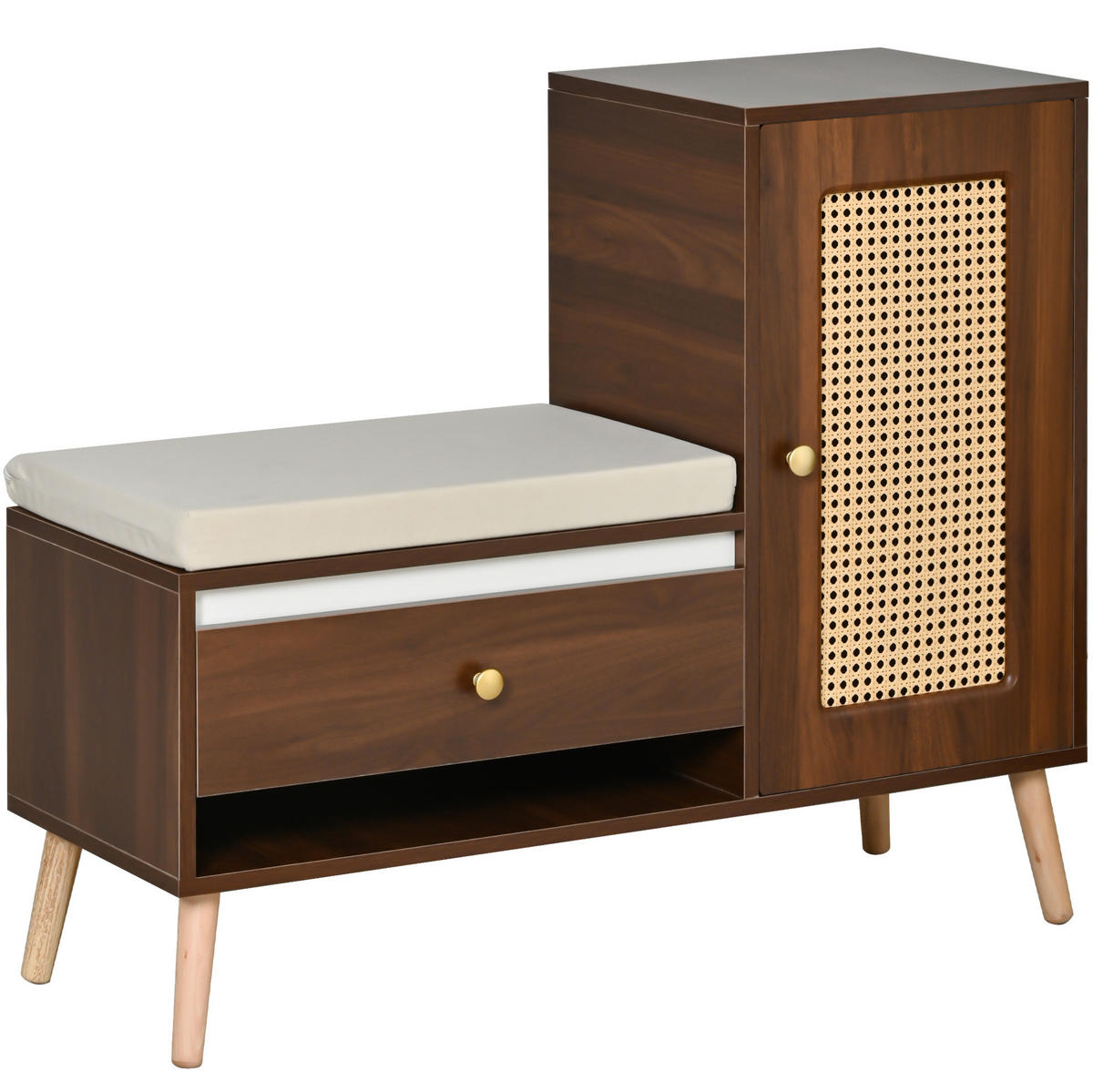 SCHUHSCHRANK 95,5/35/80,5 cm mit Sitzkissen, Schubladen und Rattan-Optik, Nussbaum - Dunkelbraun, Holzwerkstoff (95.5/80.5/35cm) - Redom