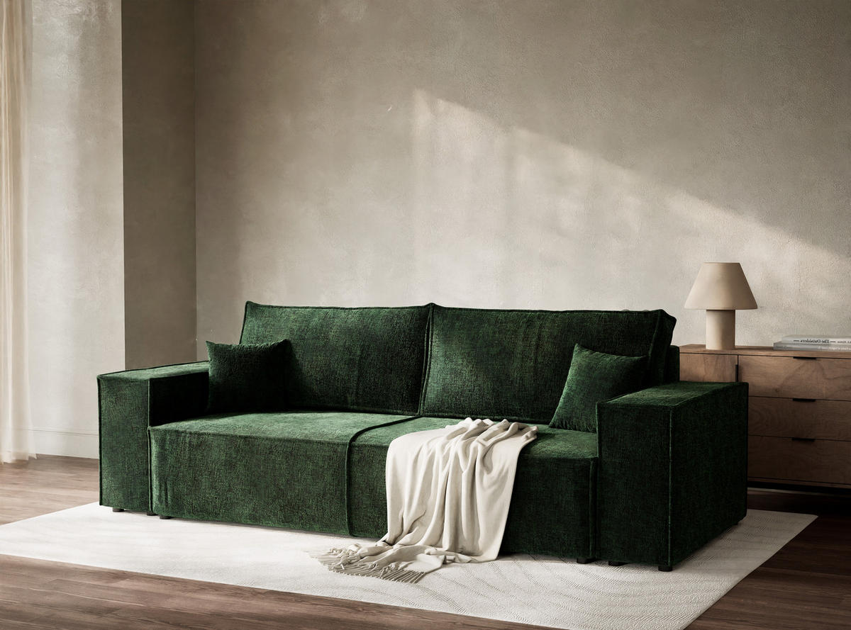 SOFA MIT SCHLAFFUNKTION Milos Dunkelgrün Chenille-Stoff - Dunkelgrün/Schwarz, Holz/Holzwerkstoff (255/70/105cm) - Maison de Reve