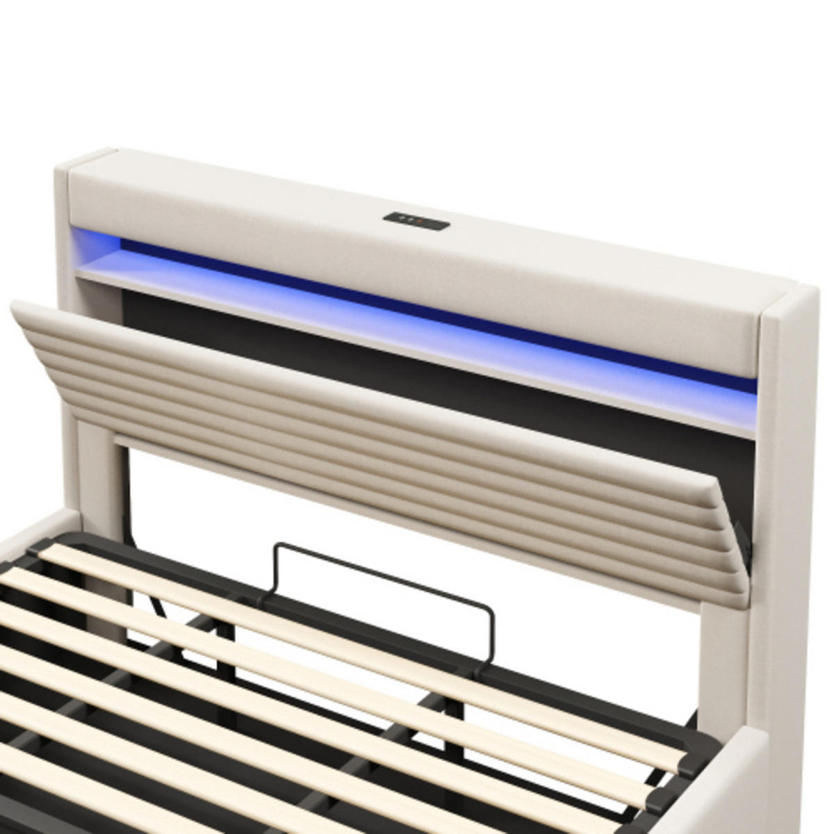 POLSTERBETT beige 218×182×113,5 cm aus Leinen-Stoff mit Hydraulikbettkasten, zweiseitigen LED-Leisten - Beige, Textil (180/200cm) - Luhomfu