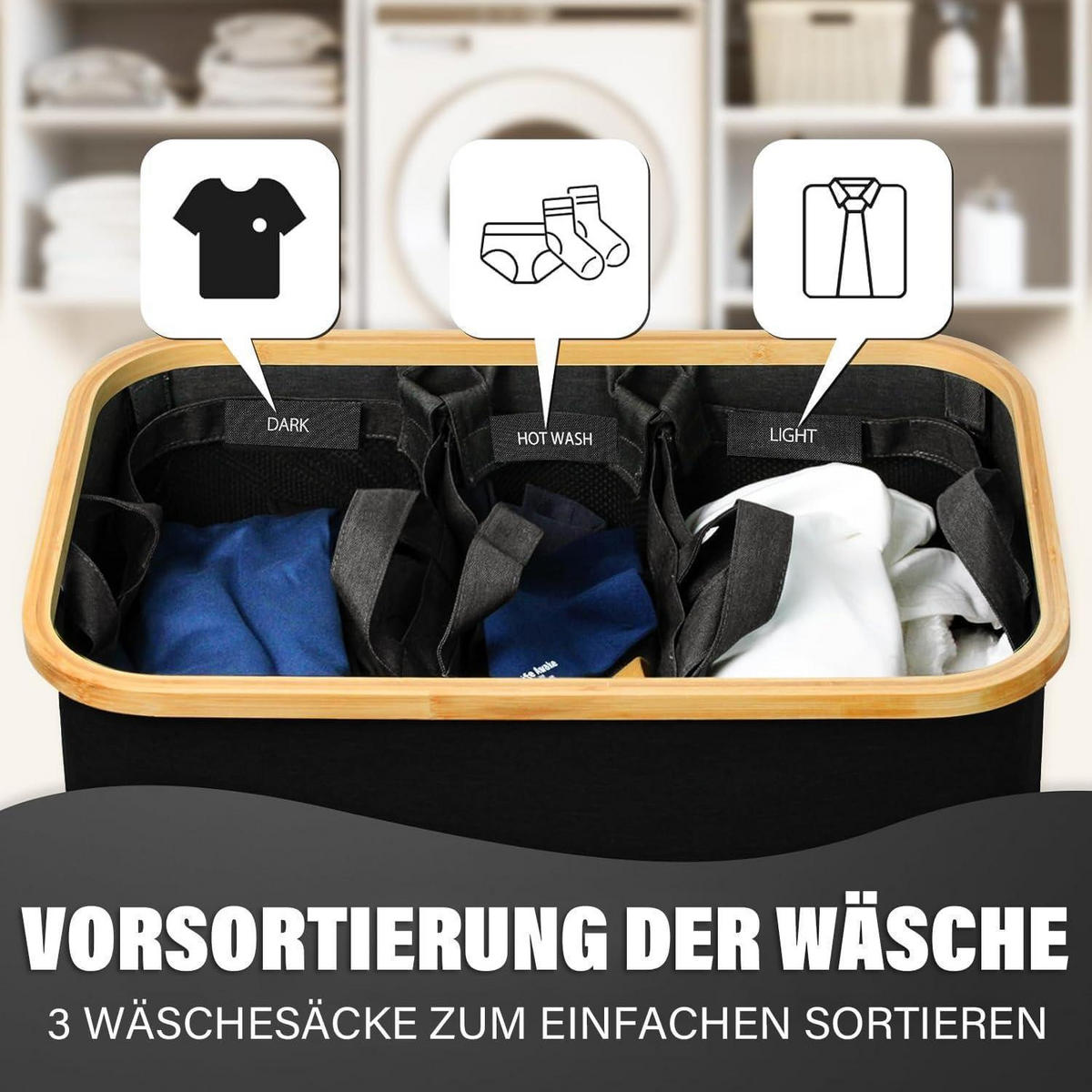 WÄSCHEKORB mit Deckel 160L 3 Fächer Schwarz - Schwarz, Textil (37/74/57cm)