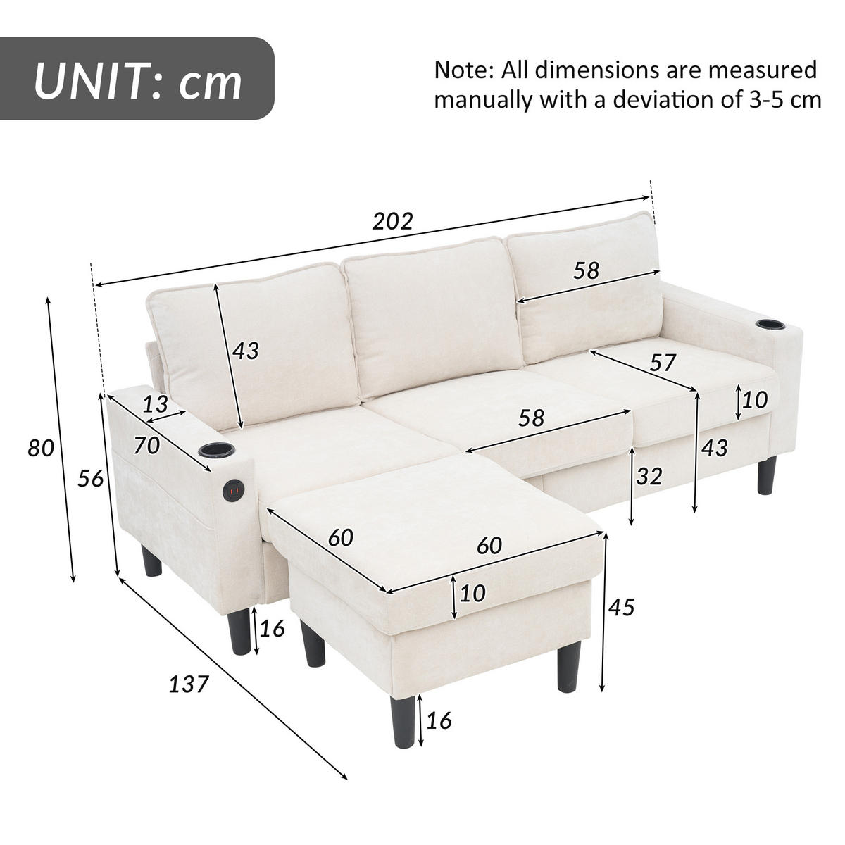 SOFA 3-Sitzer L Form Schlafsofa USB Typ C Getränkehalter Beige - Beige, Naturmaterialen (202/137cm) - FLIEKS