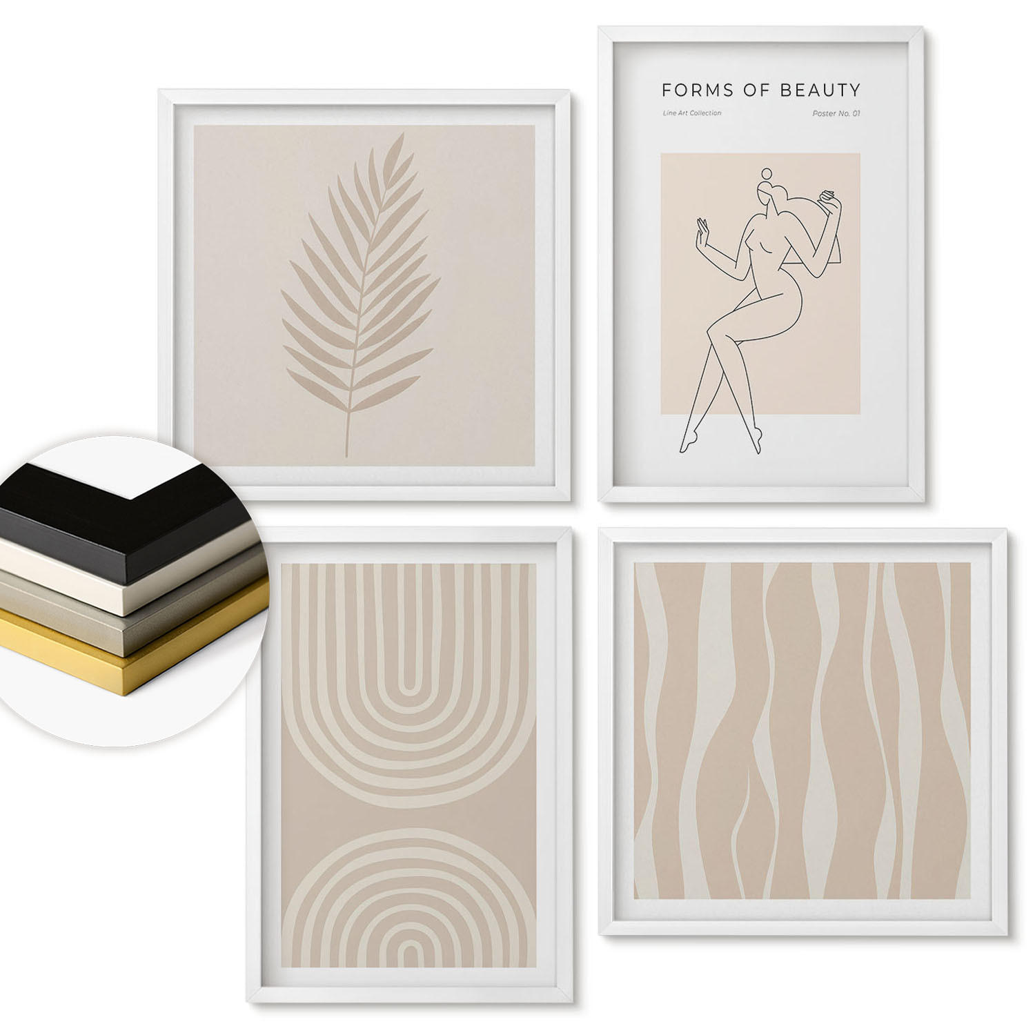 WANDBILDER 4er-Set - 50x50 cm & 40x60 cm Weißer Rahmen - Abstrakte Boho-Dekorationen - Weiß, Kunststoff (50/50cm) - ArtPrintCave