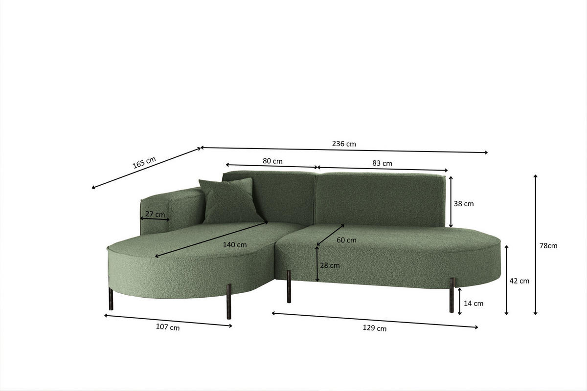 ECKSOFA L-Form Designer Modena Rein Stoff Quelle Grün Links - Grün, Holz/Textil (165/236cm) - Kaiser Möbel