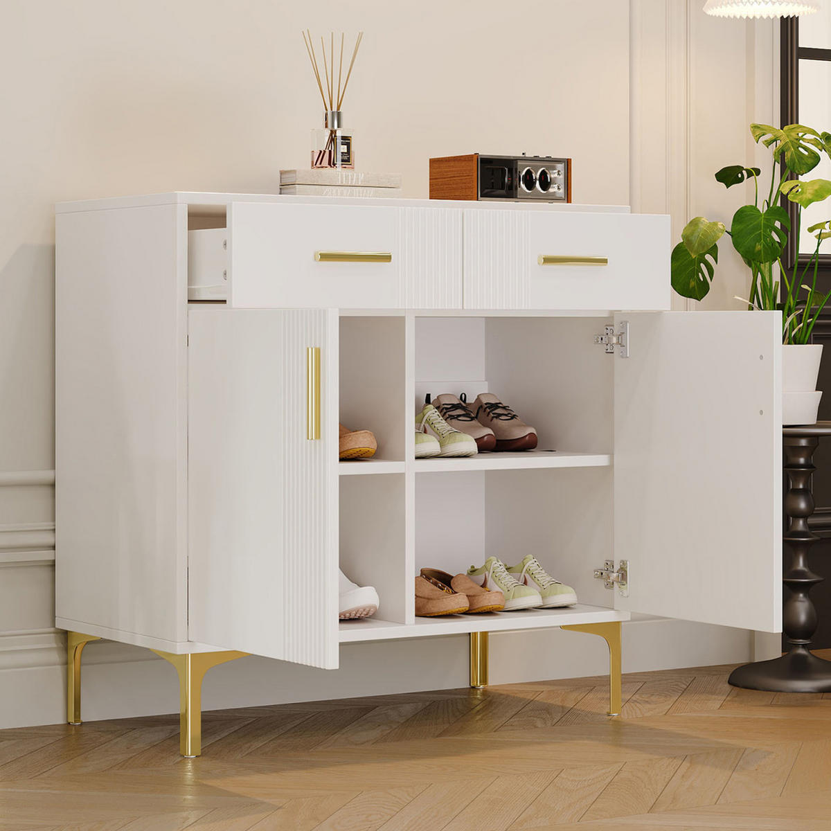 SIDEBOARD aus MDF 35x80x79,5 cm Weiß mit 2 Türen und 2 Schubladen, Wellenfront und Kippsicherung - Weiß, Holzwerkstoff (80/79.5/35cm) - Modfu
