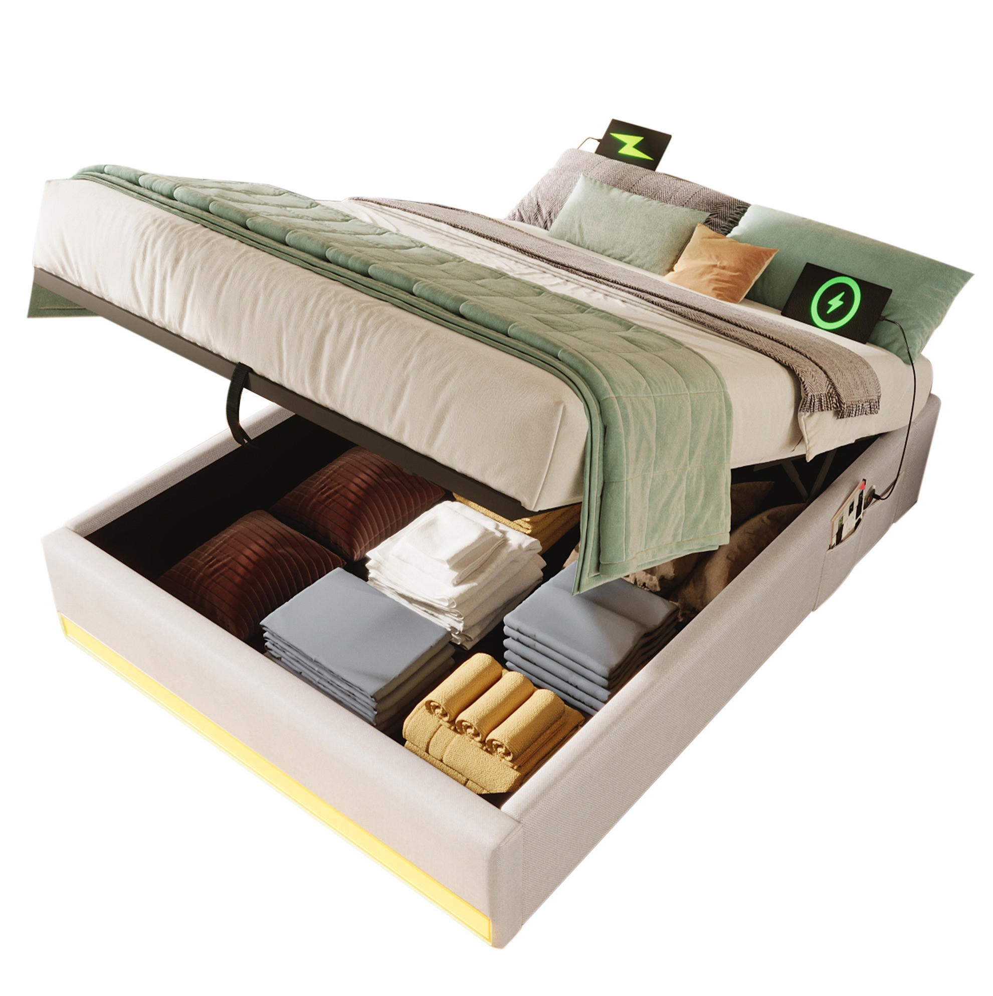 POLSTERBETT 90/200 cm mit Bettkasten, LED-Beleuchtung und USB/Typ-C - Beige, Textil (90/200cm) - BEAOK