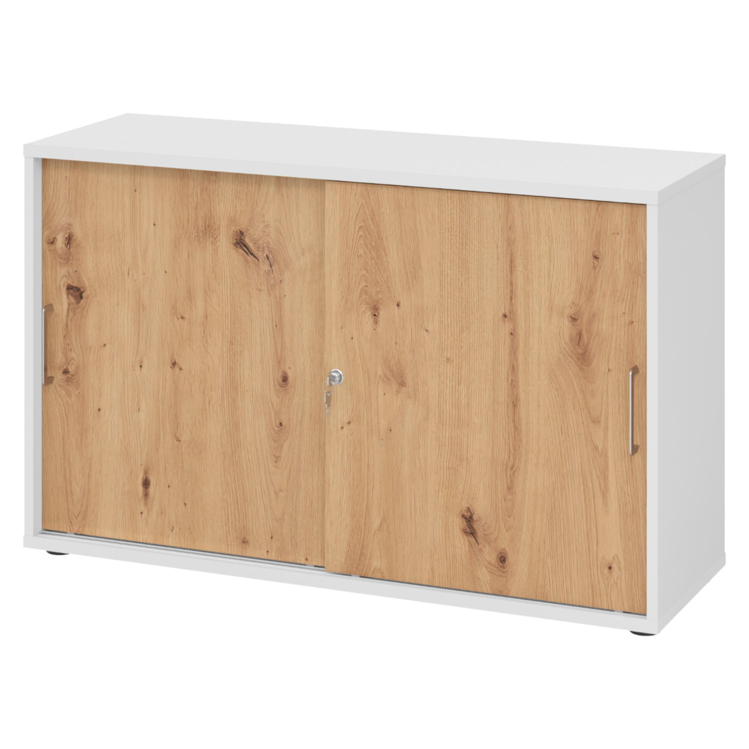 bümö SCHIEBETÜRENSCHRANK Weiß, Wildeiche 120cm × 40cm × 75cm
