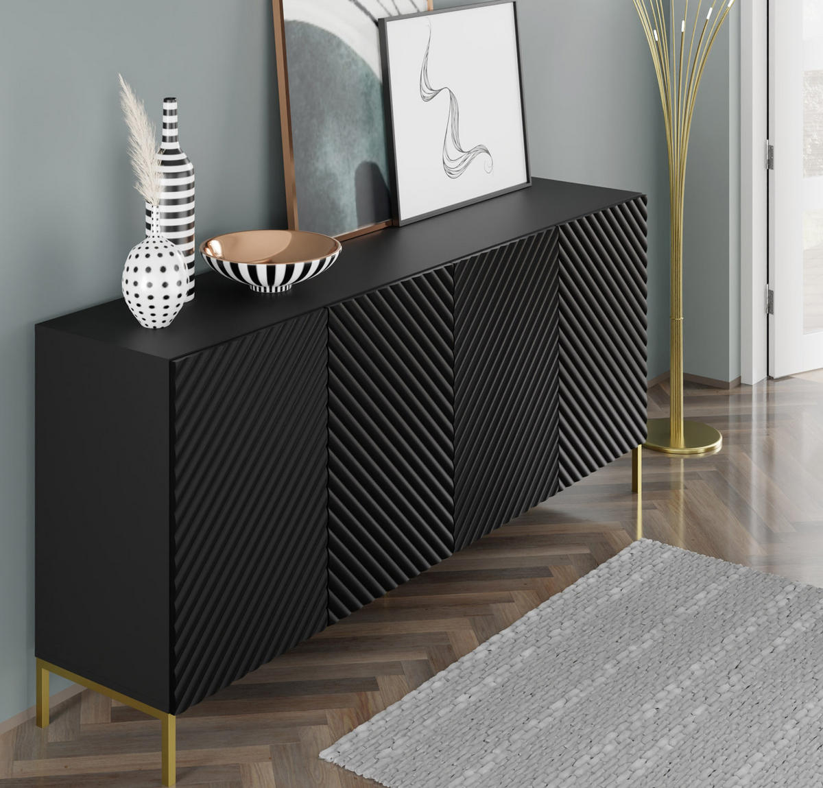 KOMMODE Schwarz, Gold 200/87/42 - Schwarz, Holzwerkstoff (200/87/42cm) - RAUMHIRSCH FURNITURE