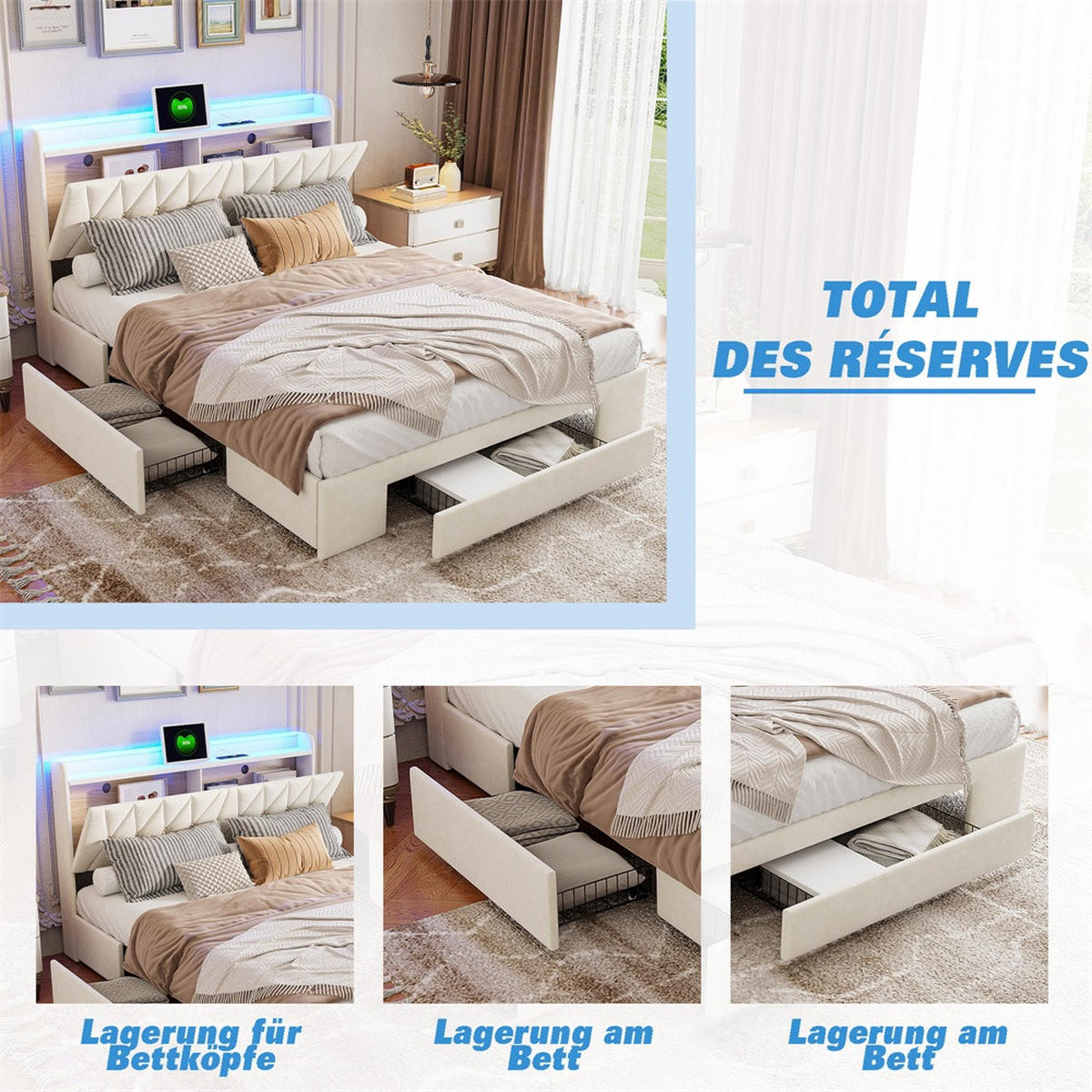 POLSTERBETT 140x200 cm mit aufklappbarem Stauraumkopfteil - 3 Schubladen und LED-Beleuchtung - ohne Matratze - Beige - Beige, Textil (140/200cm) - DELFA