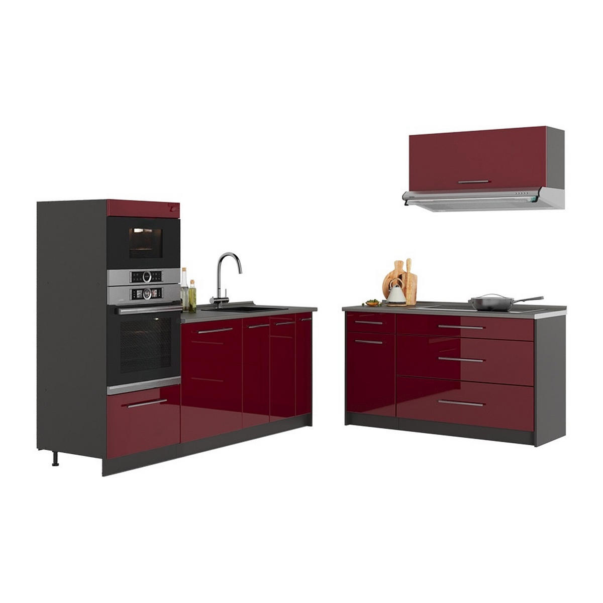 KÜCHENZEILE Fame-Line, Bordeaux Hochglanz/Anthrazit, 340 cm, AP Anthrazit - Bordeaux/Anthrazit, Holzwerkstoff (340/153.6/60cm) - Vicco