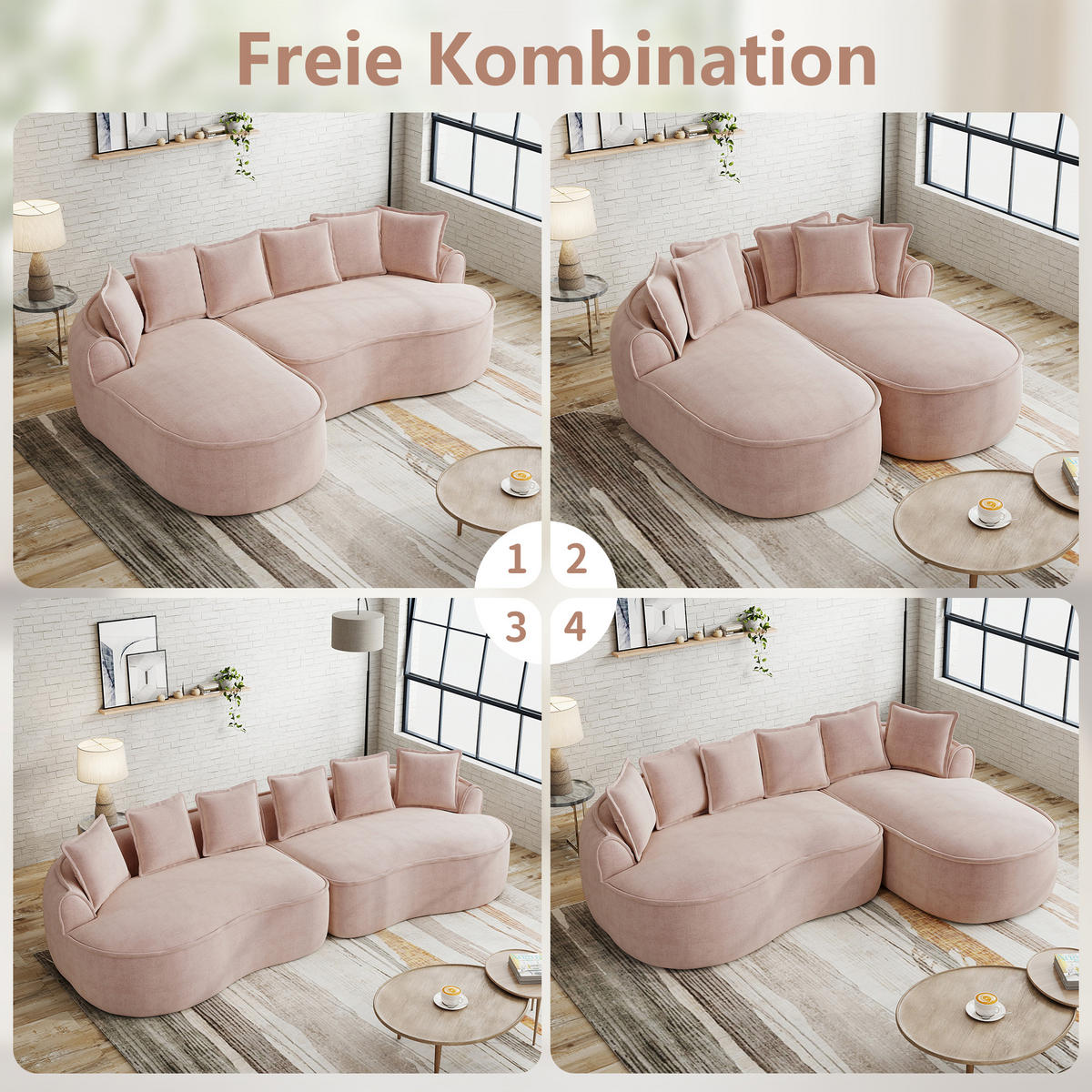 3-SITZER Sofa 252×164×67 cm aus Chenille-Stoff rahmenlos montagefrei, rosa - Rosa, Textil (164/67/252cm)