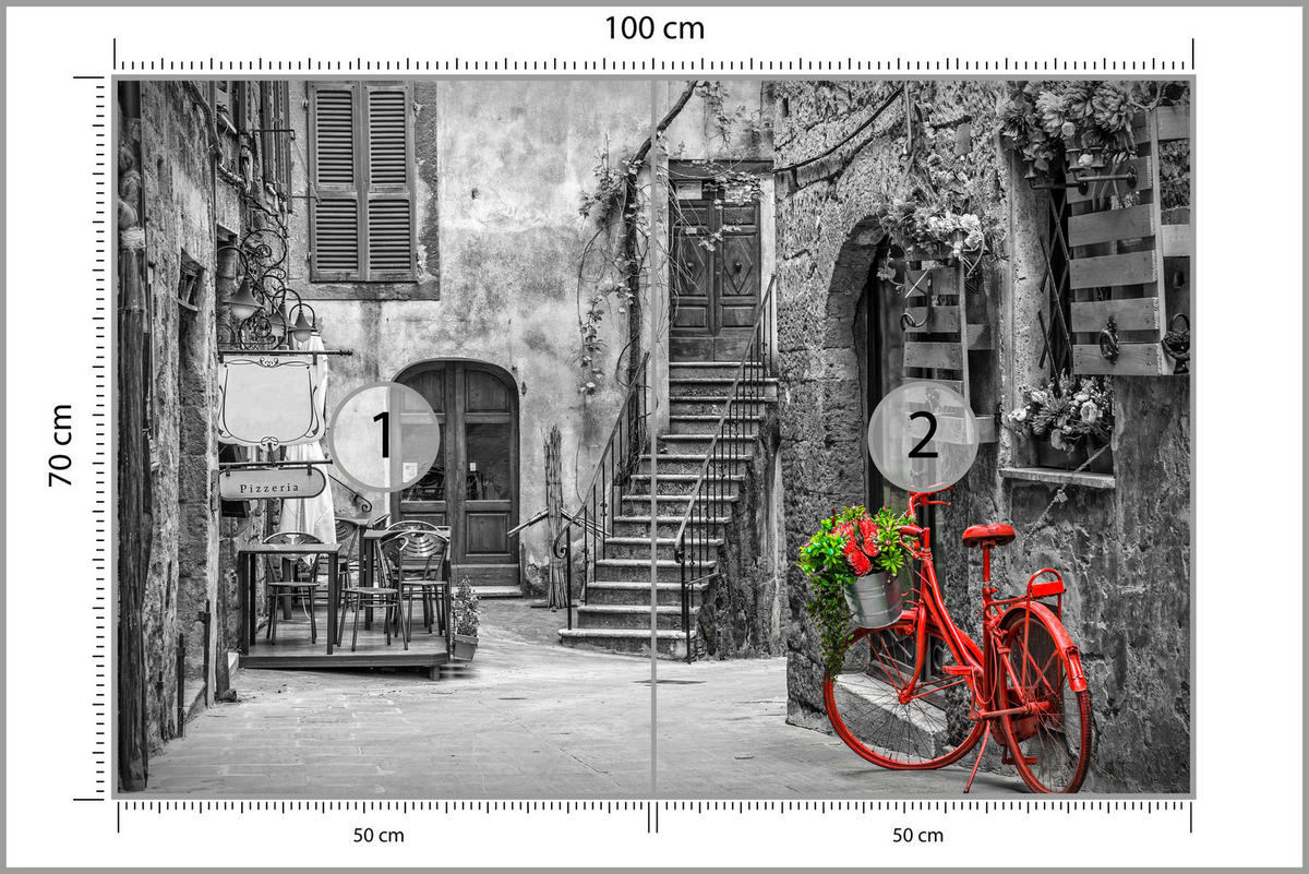FOTOTAPETA Pre Obývaciu Izbu Talianska Ulička Červený Bicykel Toskánsko 100 x 70 cm - čierna/sivá, papier (100/70cm) - Muralo