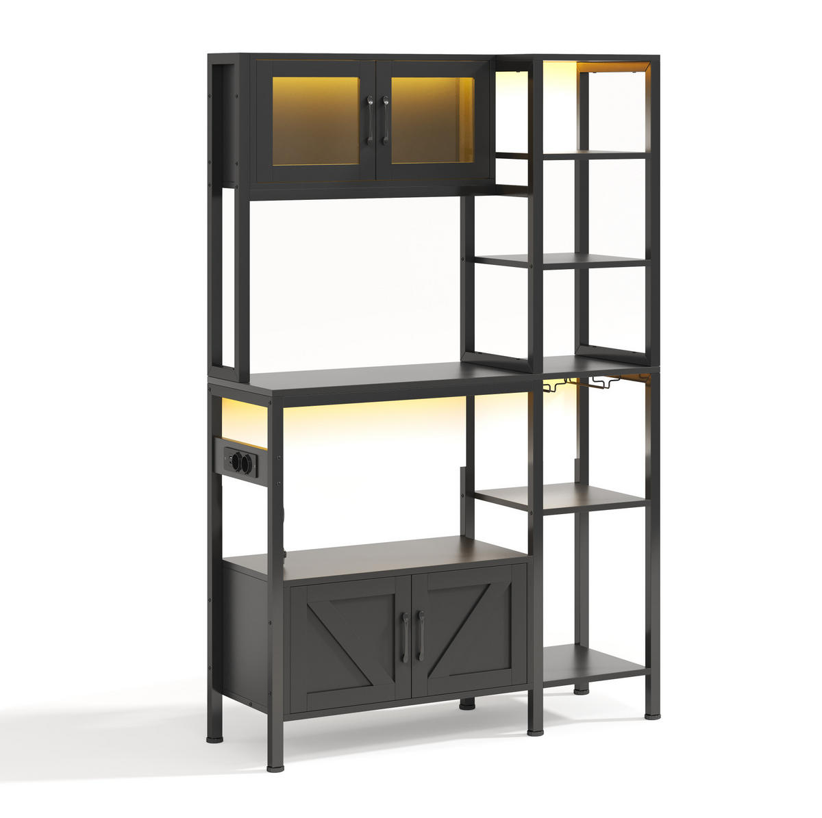 BUFFET 115/40/180 cm aus MDF und Stahl mit LED-Leiste und Steckdosenmodul Schwarz - Schwarz, Holzwerkstoff (115/180/40cm) - Modenvie