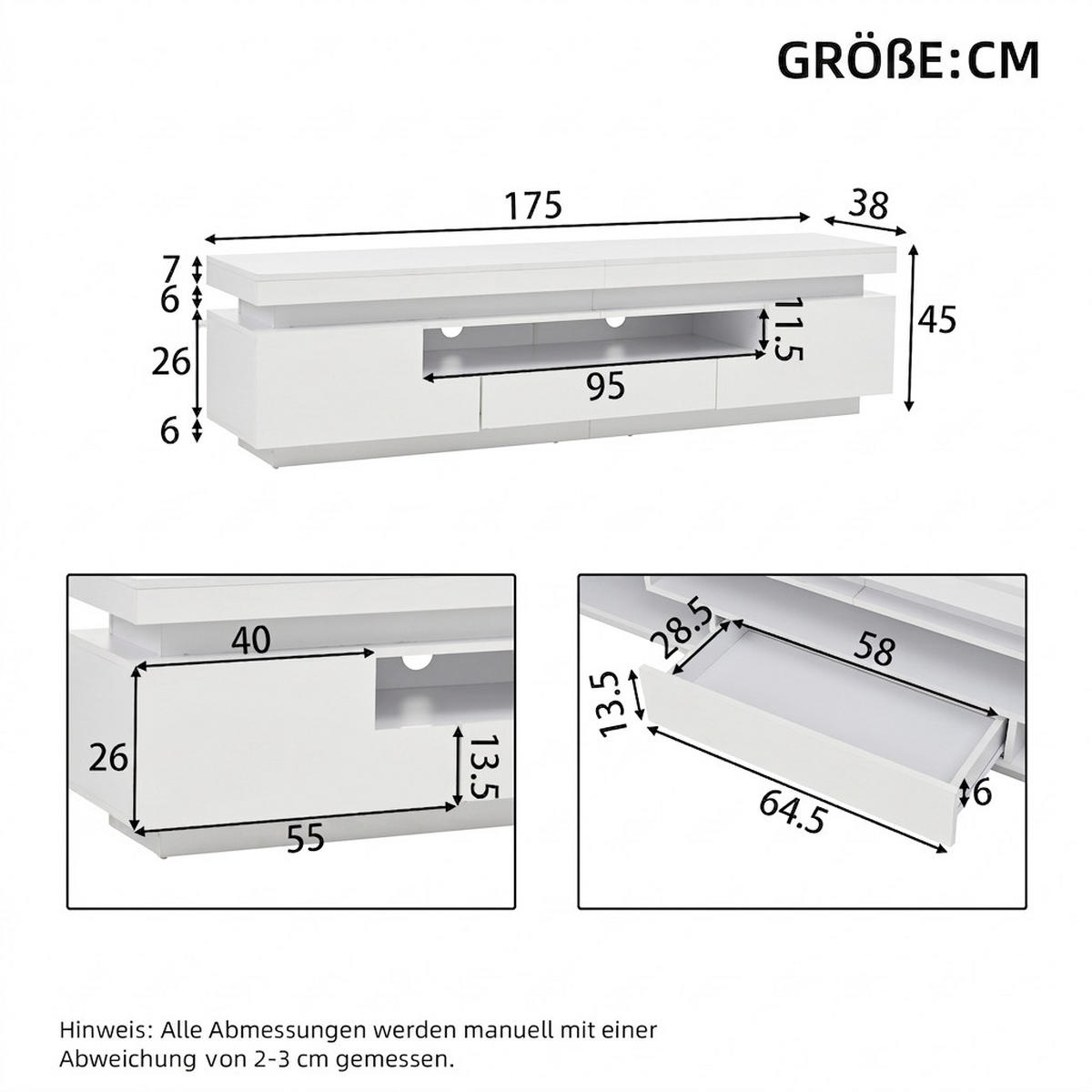TV-SCHRANK 175/38/45 cm Weiß Hochglanz mit LED, 1 Schublade und 2 Türen - Weiß, Holzwerkstoff (175/45/38cm) - Oxeza
