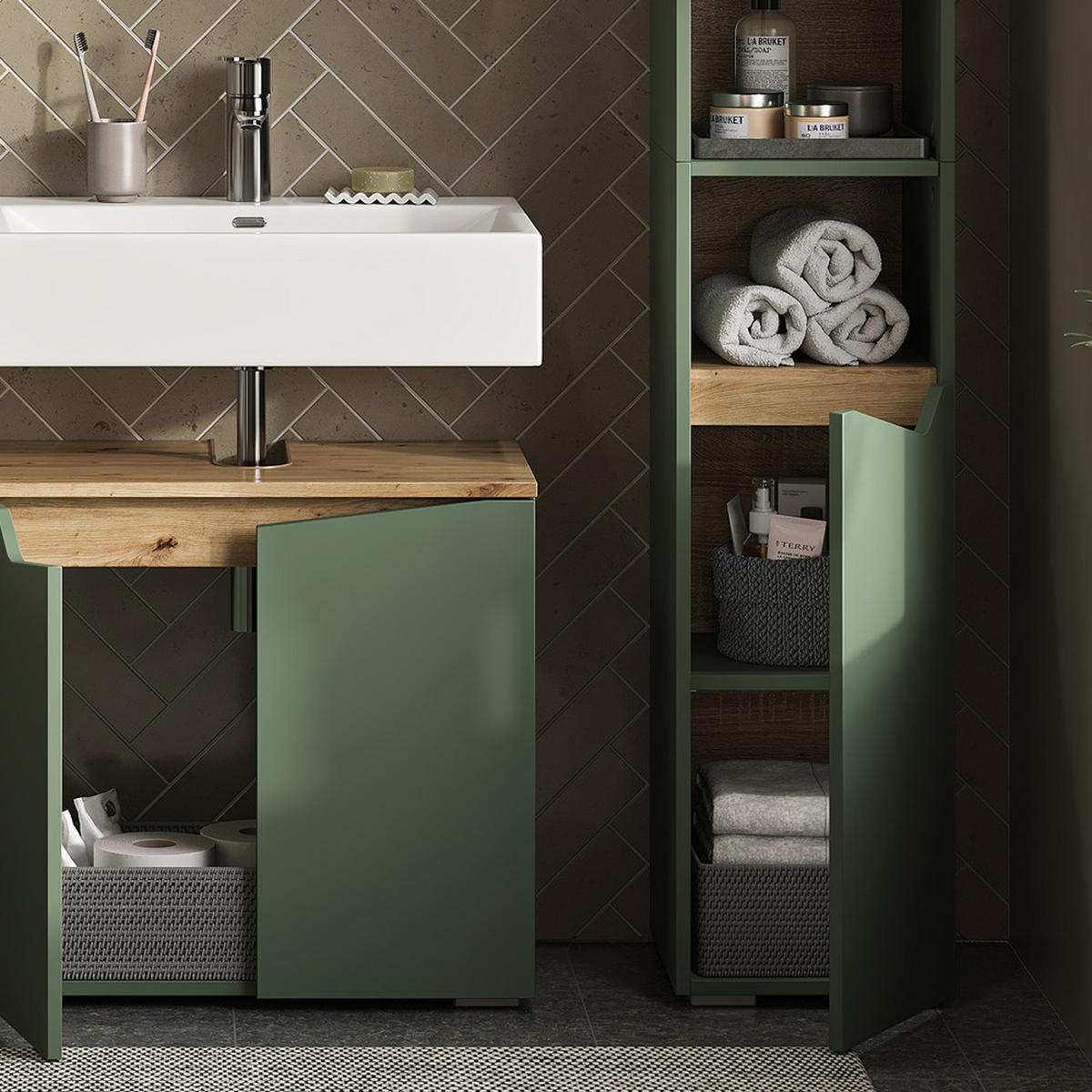 BADSCHRANK Marelle Grün/Artisan 30 x 180 cm mit Türen und offenen Fächern - Grün, Holzwerkstoff (30/180/35cm) - Vicco