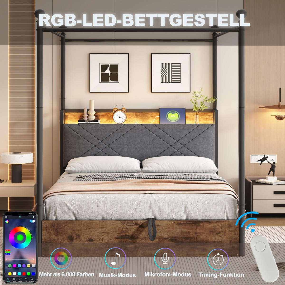 METALLBETT 140/190 cm in Schwarz mit 3 Schubladen, LED und USB - Schwarz, Holzwerkstoff/Metall (140/190cm) - WISHDOR