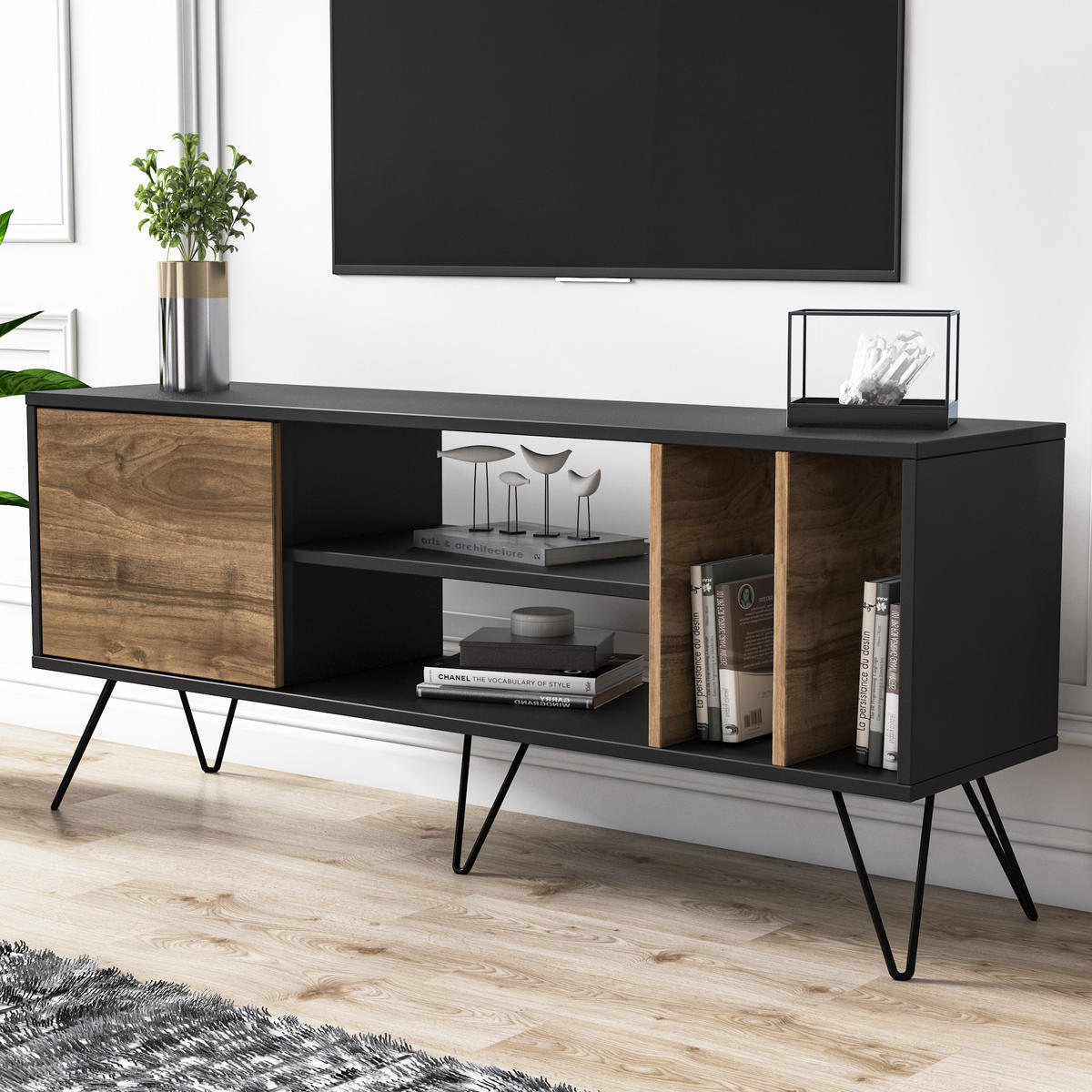 TV-ELEMENT Mictico 140 cm Schwarz Walnuss - Walnussfarben/Schwarz, Holzwerkstoff (35.5/58.4/140cm) - Decorotika