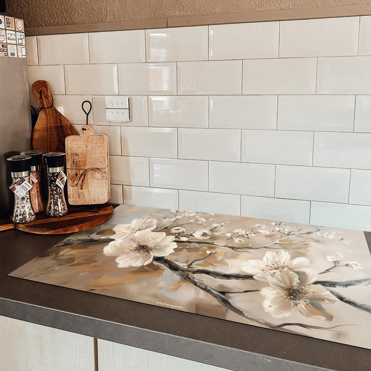 HERDABDECKPLATTE Blumen - Abstrakt - Gemalt - Beige Induktionsmatte 83x51 cm - Beige, Kunststoff (83/51.5/0.2cm) - MuchoWow