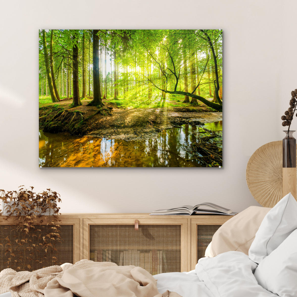 ACRYLGLASBILD Wald - Landschaft - Wasser - Bäume - Sonne - Grün - Natur 80x60 cm - Grün, Glas (80/60cm) - MuchoWow