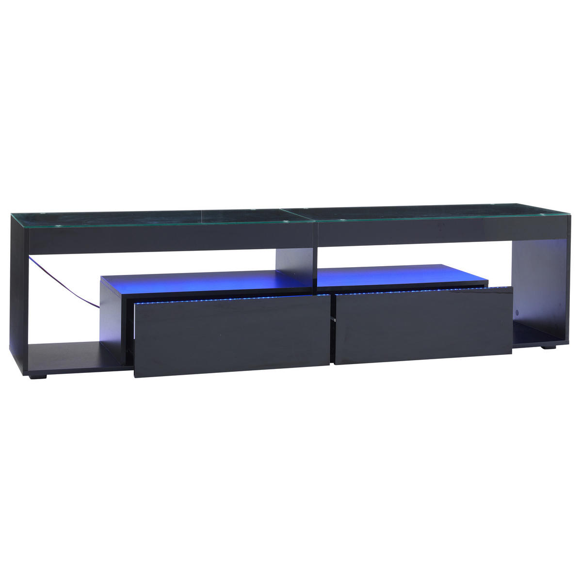 TV-LOWBOARD aus Spanplatte und Glas 180x40x46 cm Schwarz mit LED-Beleuchtung und 2 Schubladen - Schwarz, Holzwerkstoff (180/46/40cm) - IVMEU