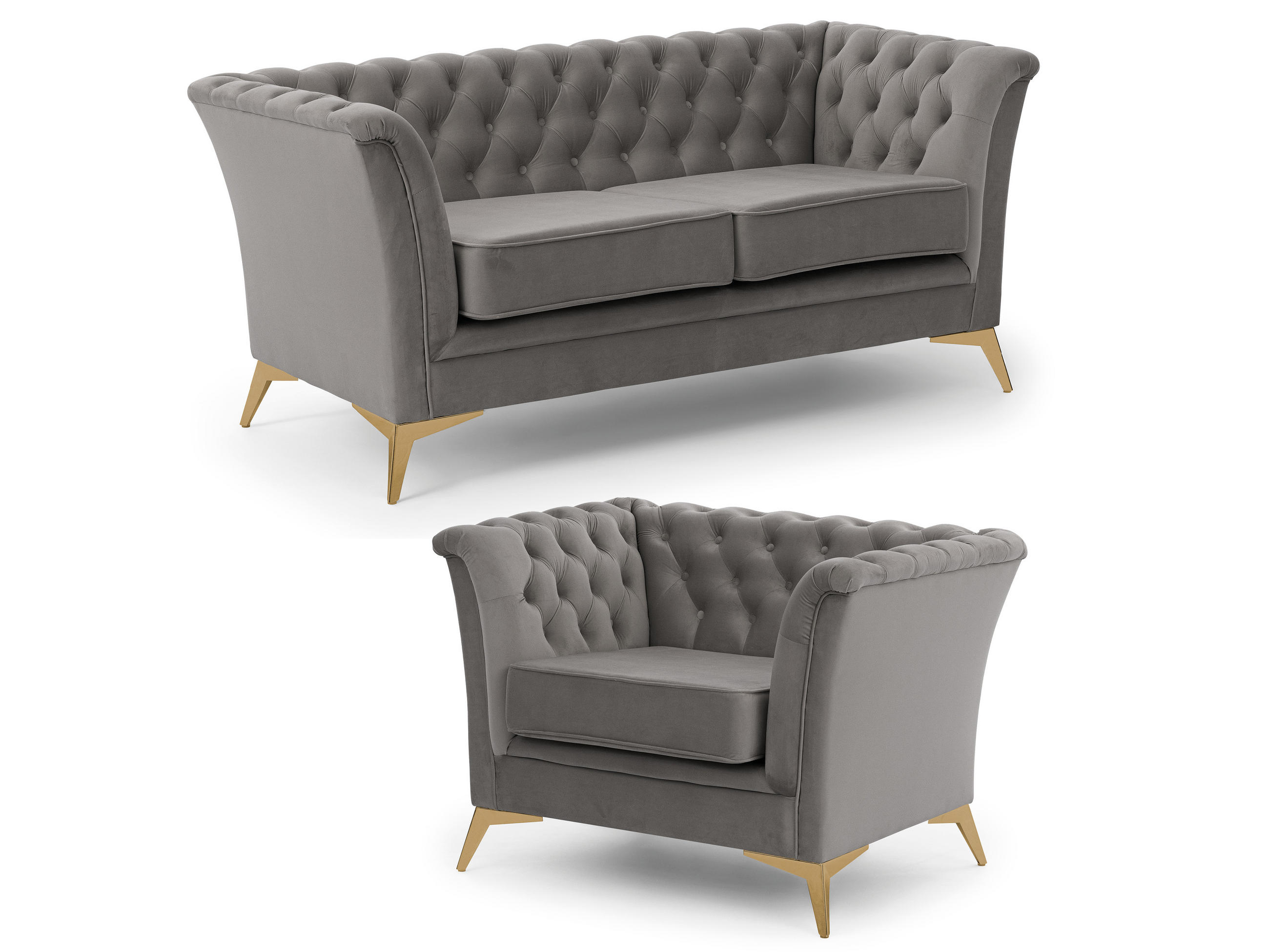 SITZGARNITUR 2+1 Chesterfield Whitby Grau Samt mit goldenen Füßen - Goldfarben/Grau, Holz/Textil (175/78/82cm) - S-Style Möbel