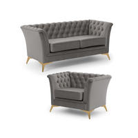 SITZGARNITUR 2+1 Chesterfield Whitby Grau Samt mit goldenen Füßen - Goldfarben/Grau, Holz/Textil (175/78/82cm) - S-Style Möbel