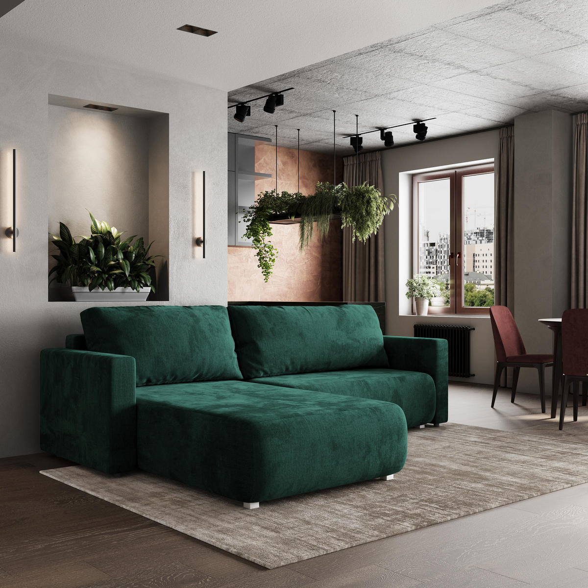 ROHOVÁ SEDAČKA TURIN tmavě zelená - šedá/tmavě zelená, dřevo/textil (265/183cm) - MASSENO