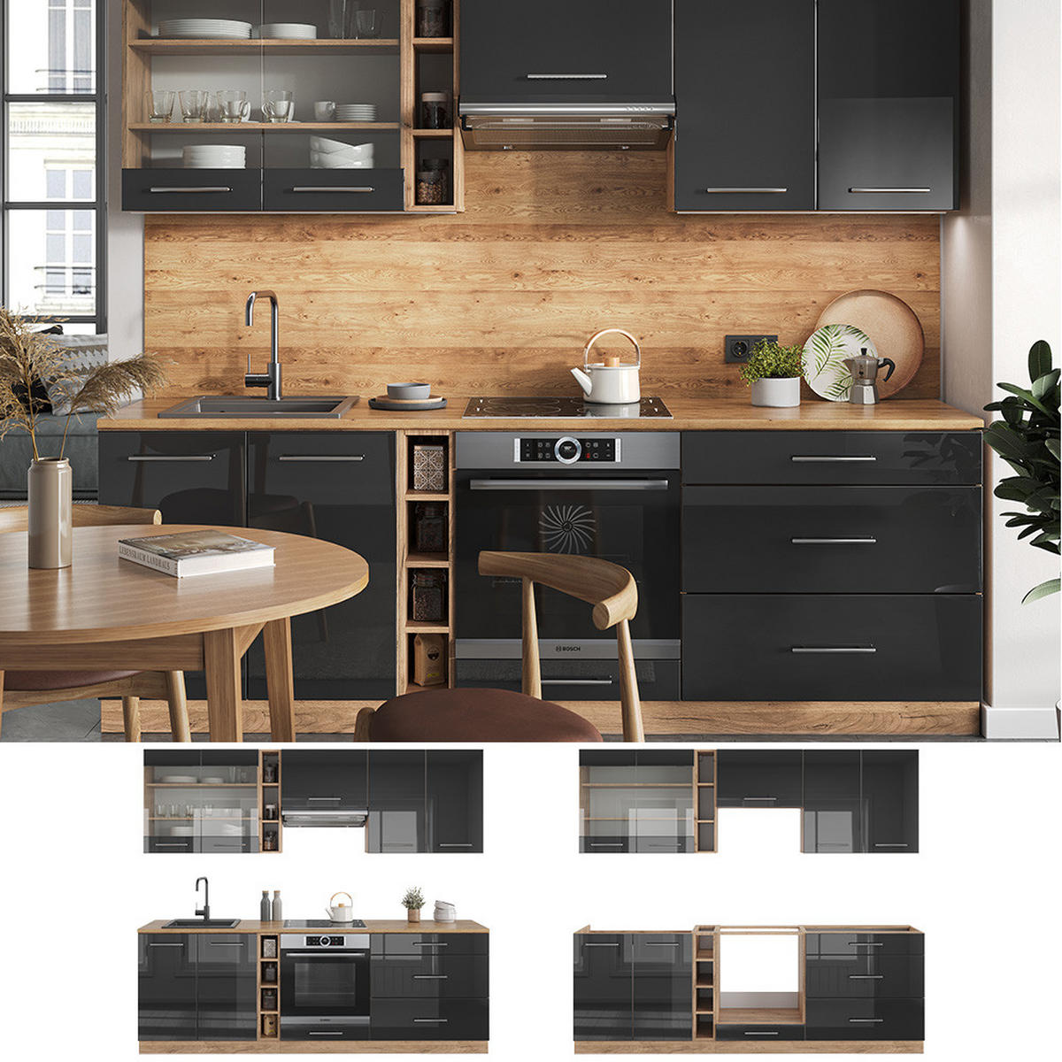 KÜCHENZEILE Fame-Line Anthrazit Hochglanz/Goldkraft Eiche 235 cm AP Anthrazit - Anthrazit/Eiche Wotan, Holzwerkstoff (235/81.6/60cm) - Vicco