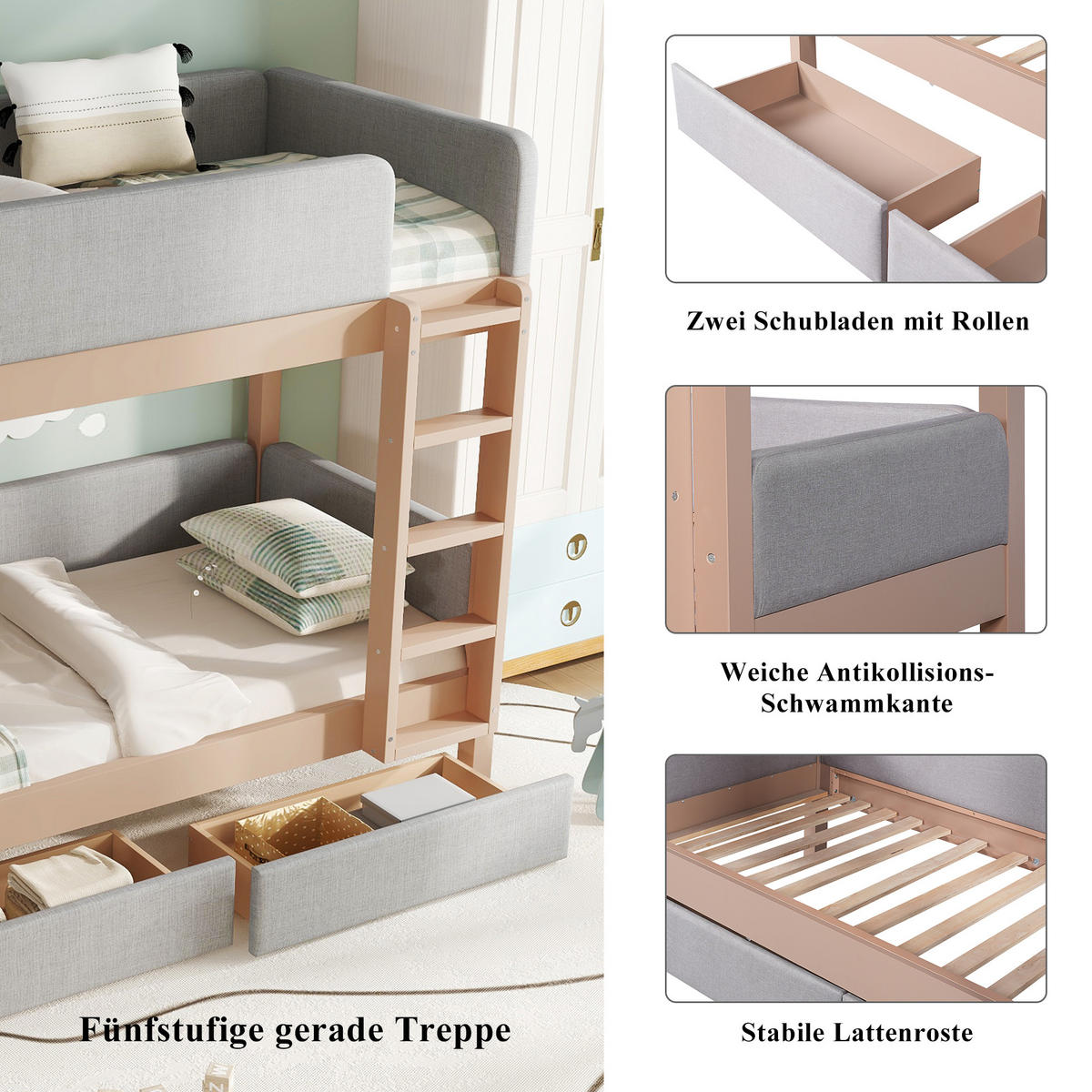 ETAGENBETT Kinderbett 90x200 Grau/Natur - Grau, Holz (90/200cm) - ComfortXL