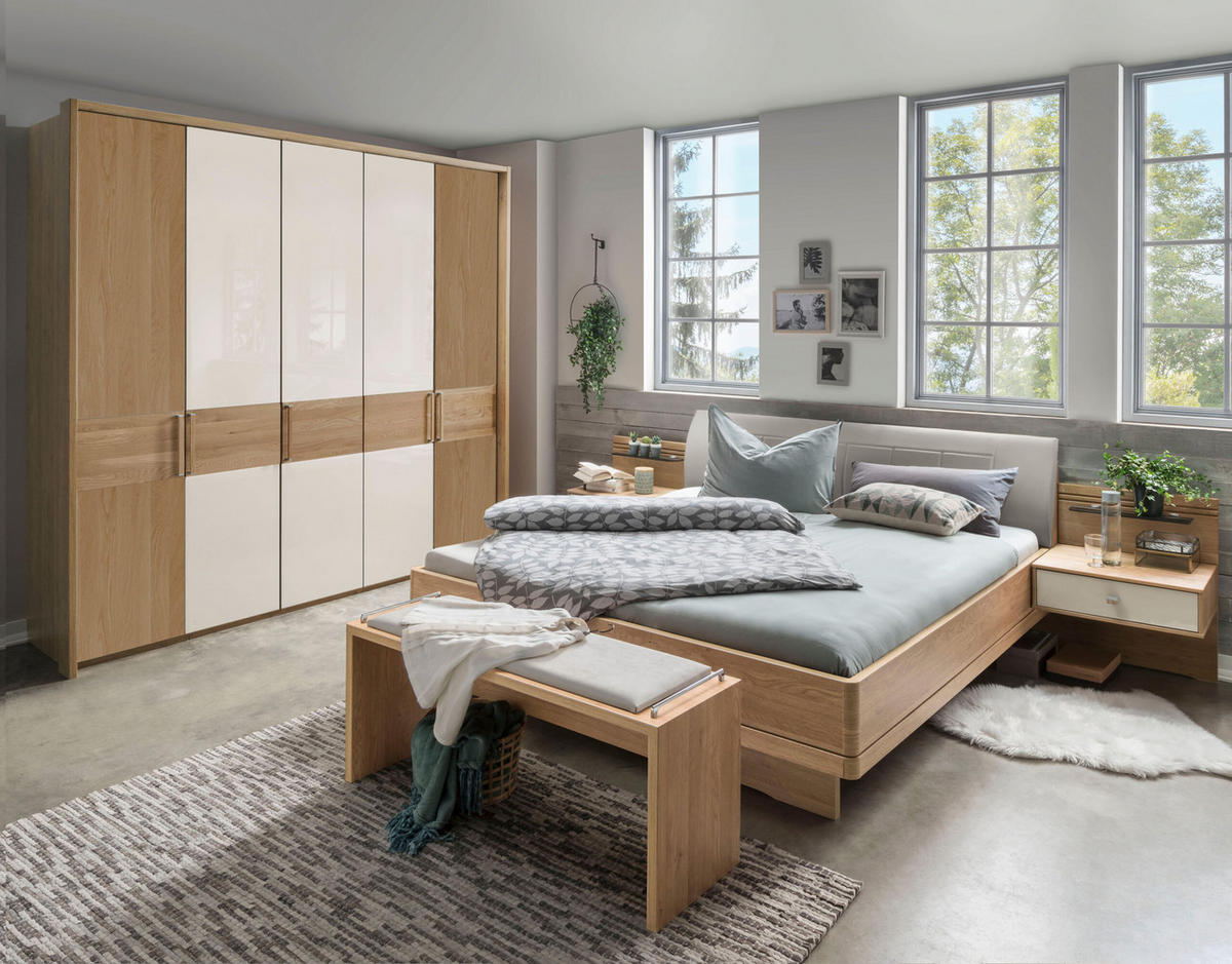 SCHLAFZIMMER Lenvara in Eiche und Champagner 4 teilig mit Drehtürenschrank, Passepartout, zwei Nachttische und Komfortbett - Braun, Holzwerkstoff (80/200/120cm)
