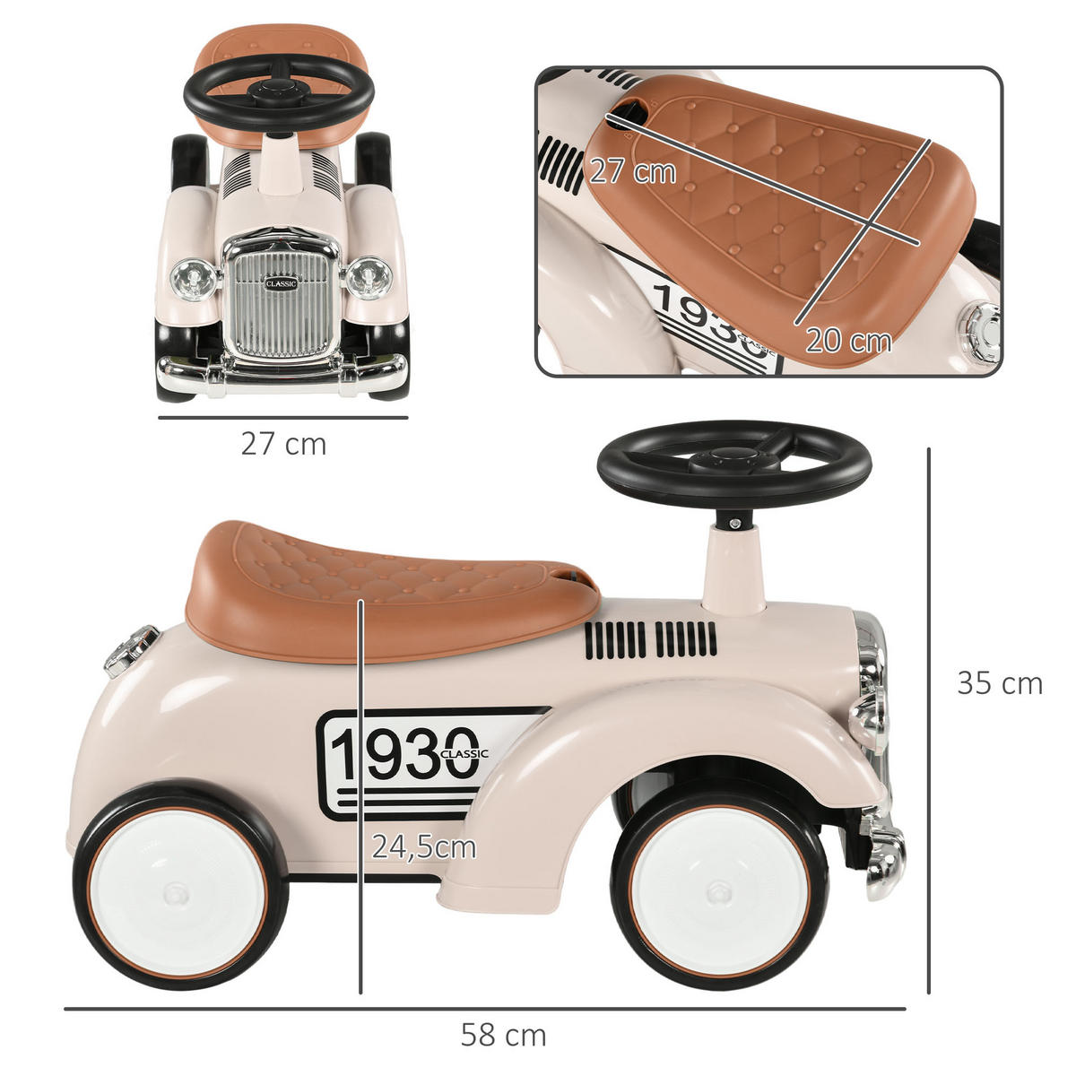 KINDER RUTSCHAUTO, Cremeweiß, Kunststoff+ Metall - Creme, Metall (58/27/35cm) - AIYAPLAY