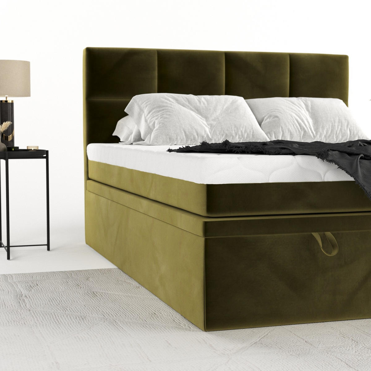 BOXBETT Tessa 180/200 cm Olivgrün im Kronos Stoff - Schwarz/Olivgrün, Holz/Holzwerkstoff (180/200cm) - AltaBeds