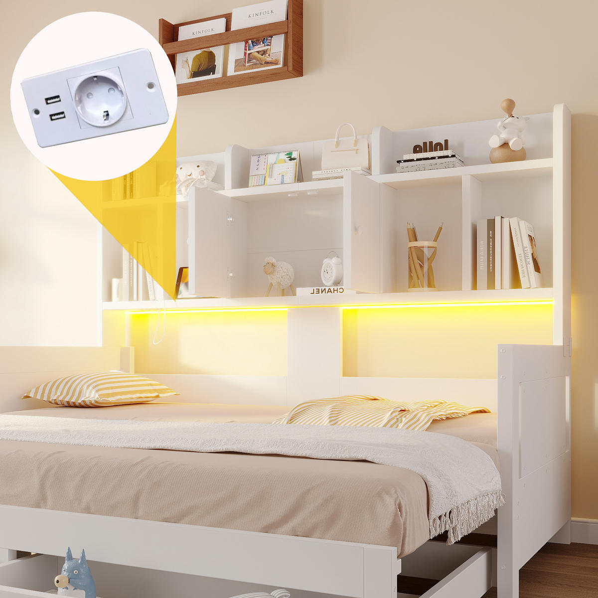 SCHLAFSOFA Holz Ausziehbett LED Stauraum Steckdose Weiß - Weiß, Holz (90/190cm) - FLIEKS