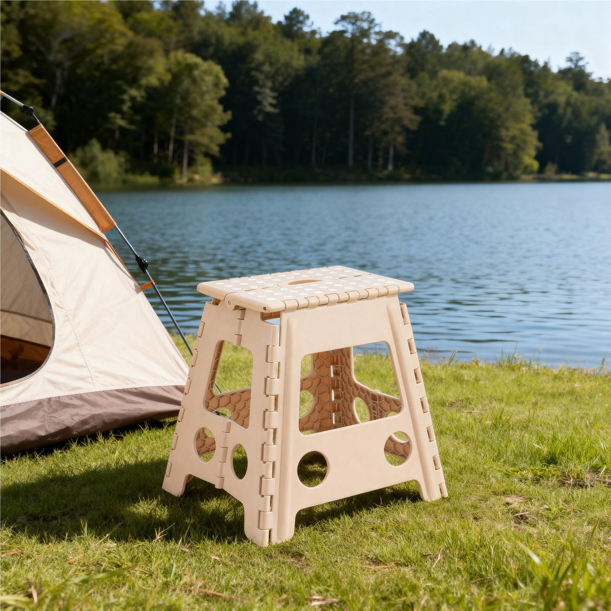 KLAPPHOCKER - Beige, Kunststoff/Textil (39/39/32cm) - Relaxdays