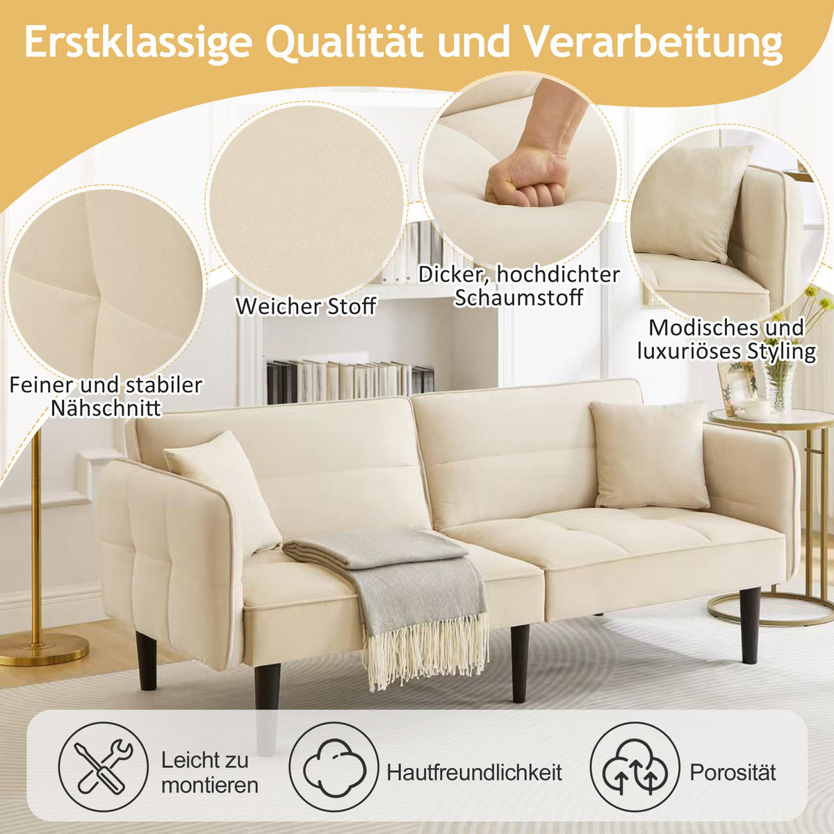 SCHLAFSOFA 2-Sitzer Samtbezug mit verstellbaren Rückenlehnen und klappbaren Armlehnen Beige 176/78/76 cm - Beige, Textil (78/76/176cm) - Redom