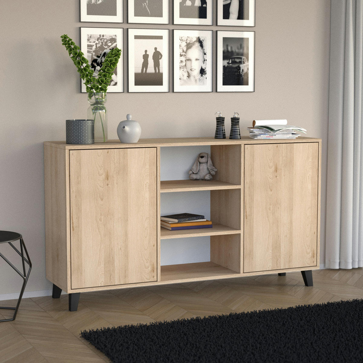 KOMMODE Home mit 2 Türen und 2 Regale, ohne Griffe, eiche Artisan - Schwarz/Eiche Artisan, Holzwerkstoff (150/85/40cm) - Beautysofa