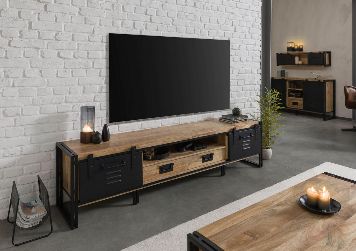 TV-BOARD Mango 220x45x55 natur klar lackiert / Metall schwarz BLACKBURN #112 - Naturfarben, Holz (220/55/45cm) - Massivmoebel24