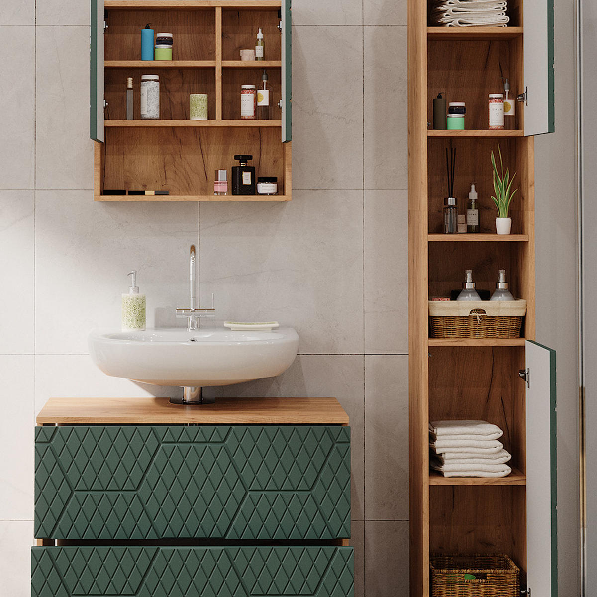BADMÖBEL-SET Irma Grün 3 Teile, mit Schubladenschrank und Hochschrank - Honigeiche/Grün, Holzwerkstoff (80/58.6/41cm) - Vicco