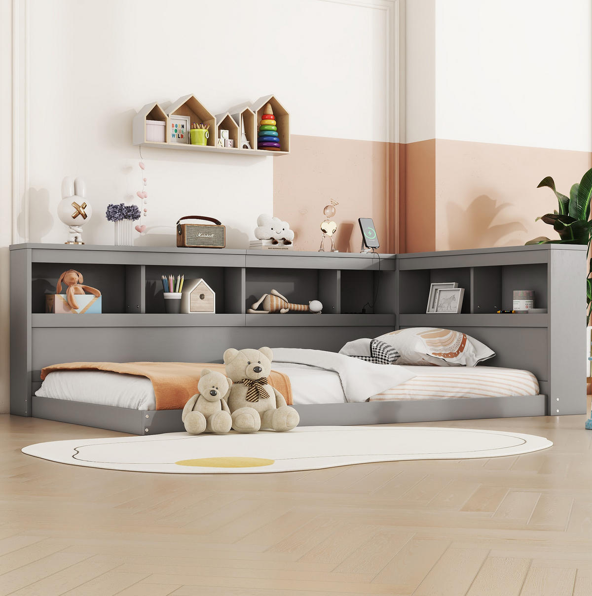 TAGESBETT 90/200 cm mit Steckdose, 2 USB-Anschlüssen, Ablagefächern und Lattenrost, Grau - Grau, Holzwerkstoff (90/200cm) - Redom