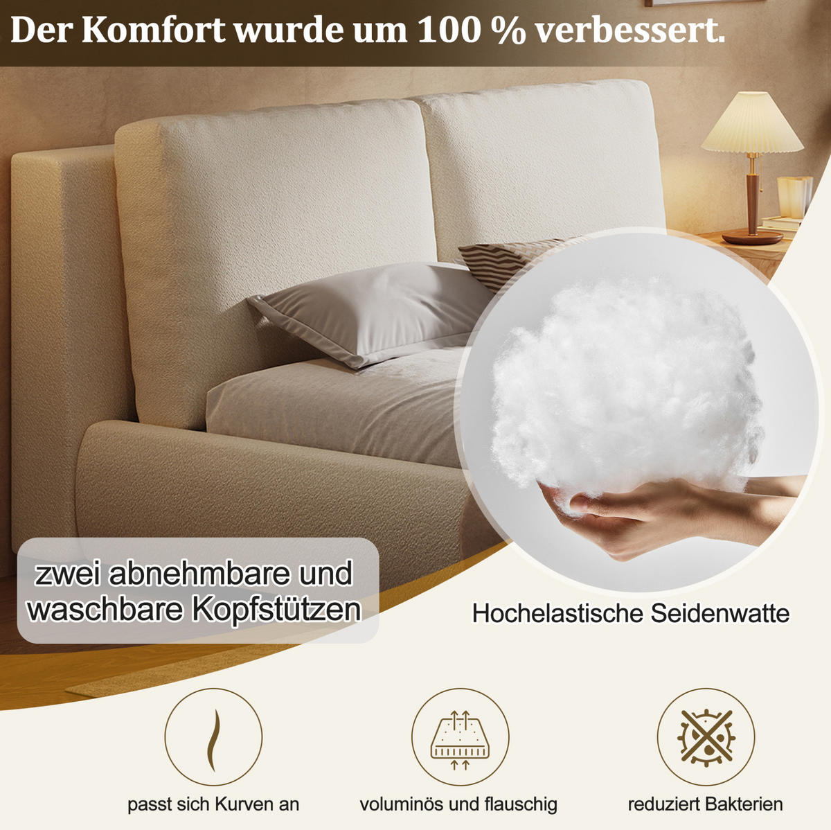 ČALOUNĚNÁ postel 180/200 cm s roštem a ergonomickým bouclé čelem, Béžová - béžová, textil (180/200cm) - Redom